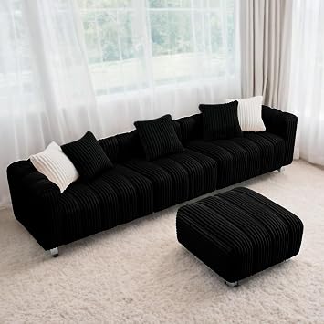Modern 114 Cloud Couch, Mid Century 4 Seater Plush Sofa with Removable Ottoman and 4 Sturdy Metal Legs for Bedroom, Living Room, Apartment Black, 4 Seater Sofa & Ottoman