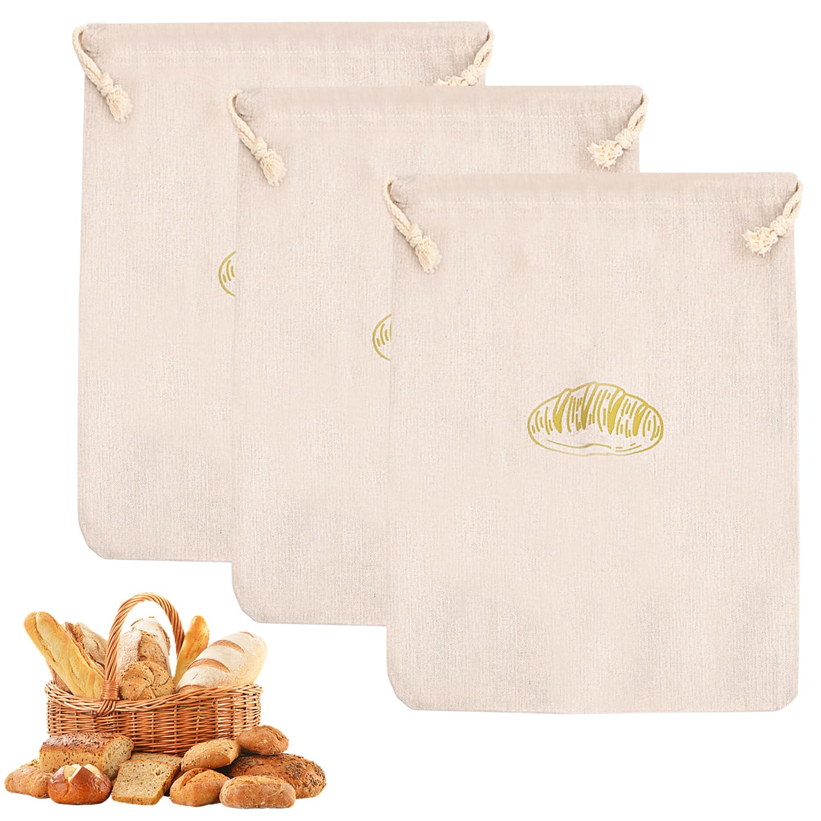 3 Pieces Reusable Bread Linen Bags for Home and Kitchen, Homemade Drawstring Bag Food Storage Bag Elegant Fabric for Shopping Vegetables and Fruits, Bread, Potato