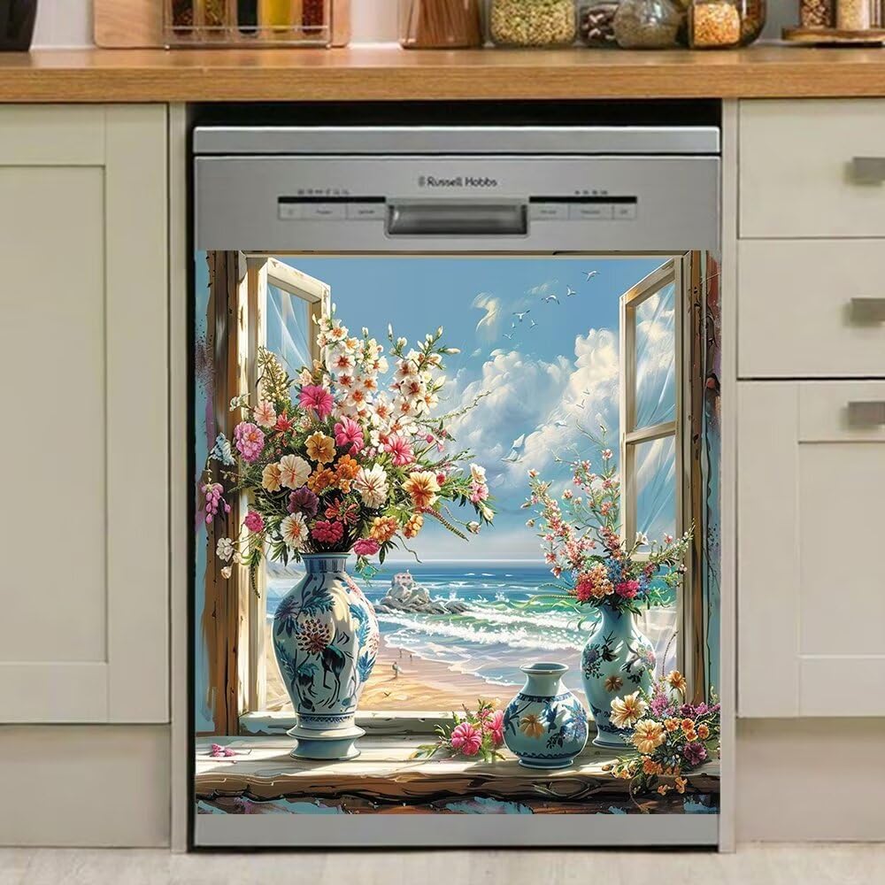 Generic Vase Flower Dishwasher Magnet Cover,Sea Beach Kitchen Decorative Magnetic Refrigerator Sticker,Unique Style Magnets Dish Washer Vinyl Decal 23"" x 26"", Rimyy62-1