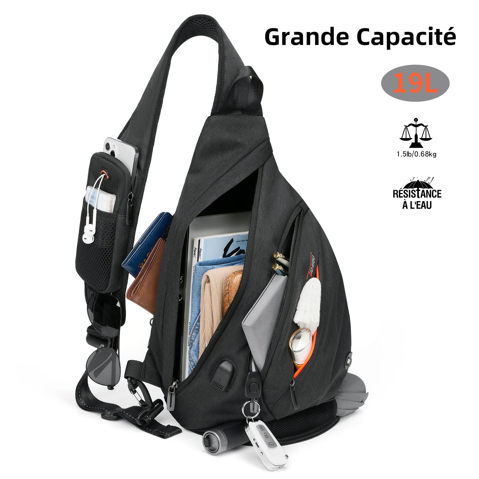 TUDEQU Sac à bandoulière pour Hommes, Sac à Dos à bandoulière avec 8 Poches pour Hommes, Sac à bandoulière de 19L pour Hommes