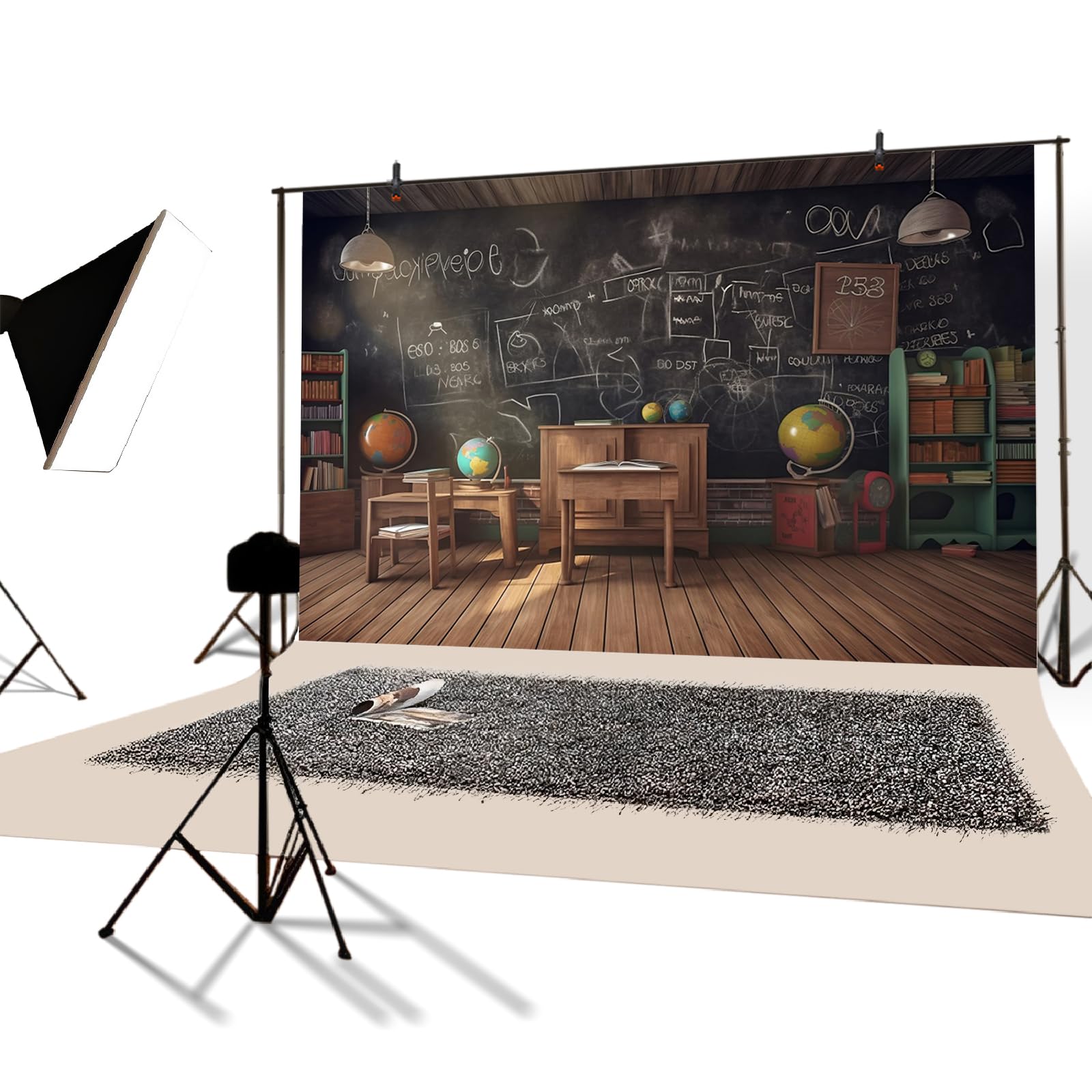 YongFoto 3x2,5m Photo Mur Inscription Scolaire Salle de Classe Bureau Globe Bibliothèque Tableau Noir Fond Photo pour Les étudiants Journée de rentrée Éducation en Ligne Photographie Toile de Fond