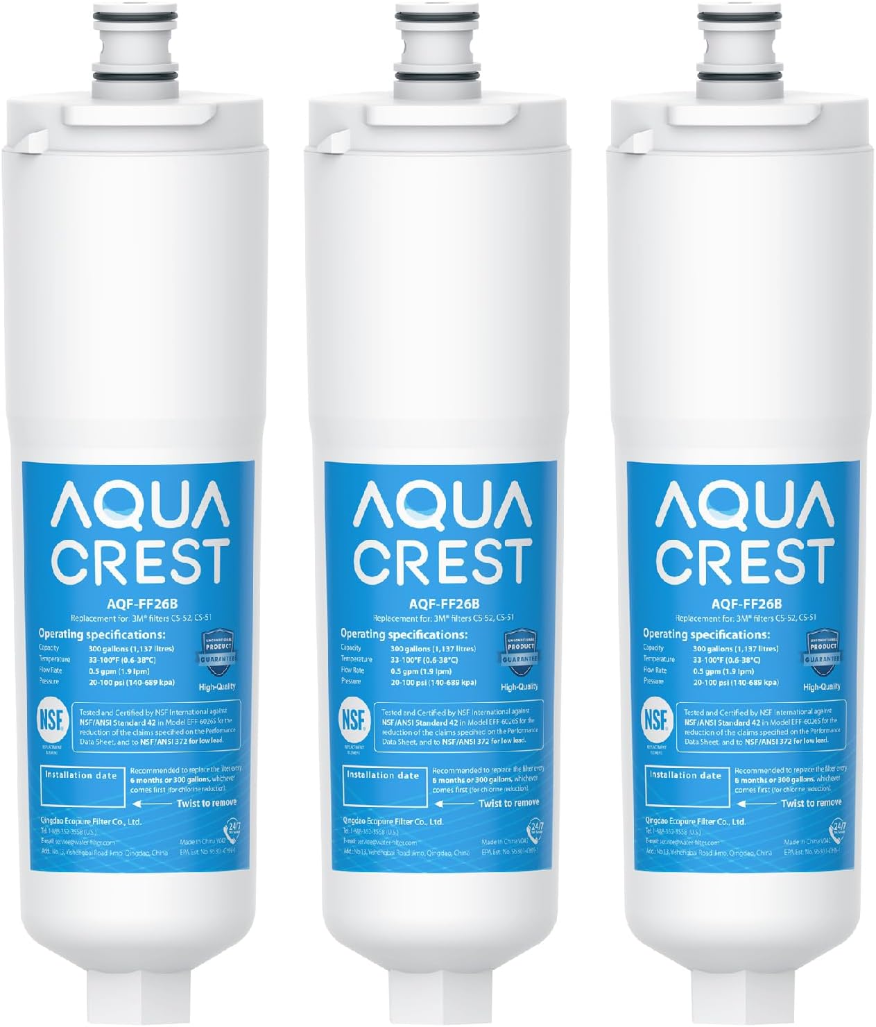 AQUA CREST CS-52 Refrigerator Water Filter, Compatible with Bosch® 640565, Whirlpool® WHKF-R-PLUS, EVOLFLTR10, 3M Cuno CS-52, CS-51, CS-452, W1085590, 56932, 2168701, 51000, 3 Filters
