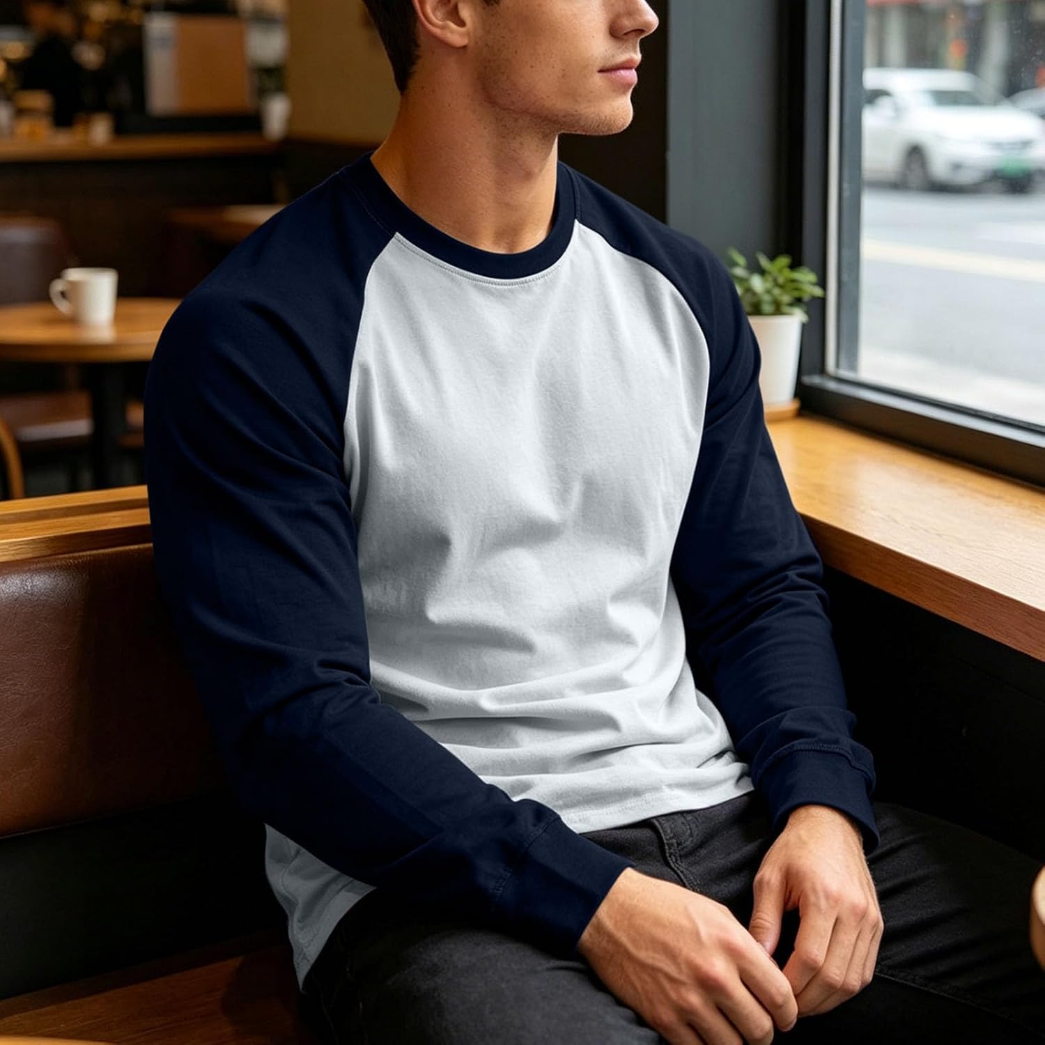 Men's Baseball Shirts Casual Raglan Long Sleeve Crewneck Tops | Classic Tee with Crew Neck Ribbed Cuffs, Soft, Relaxed-Fit Long-Sleeve Shirt Business Vacation Work Office Daily Wear