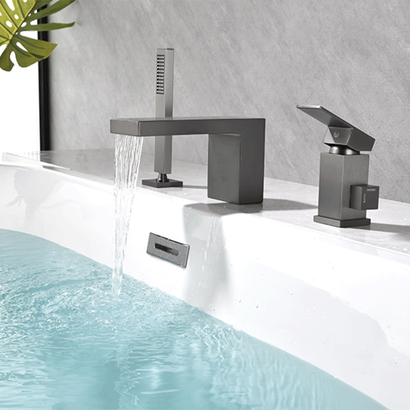 Grifo Mezclador de Bañera Y Ducha con Efecto Cascada 3 Orificios para Montaje En Cubierta Monomando Gris