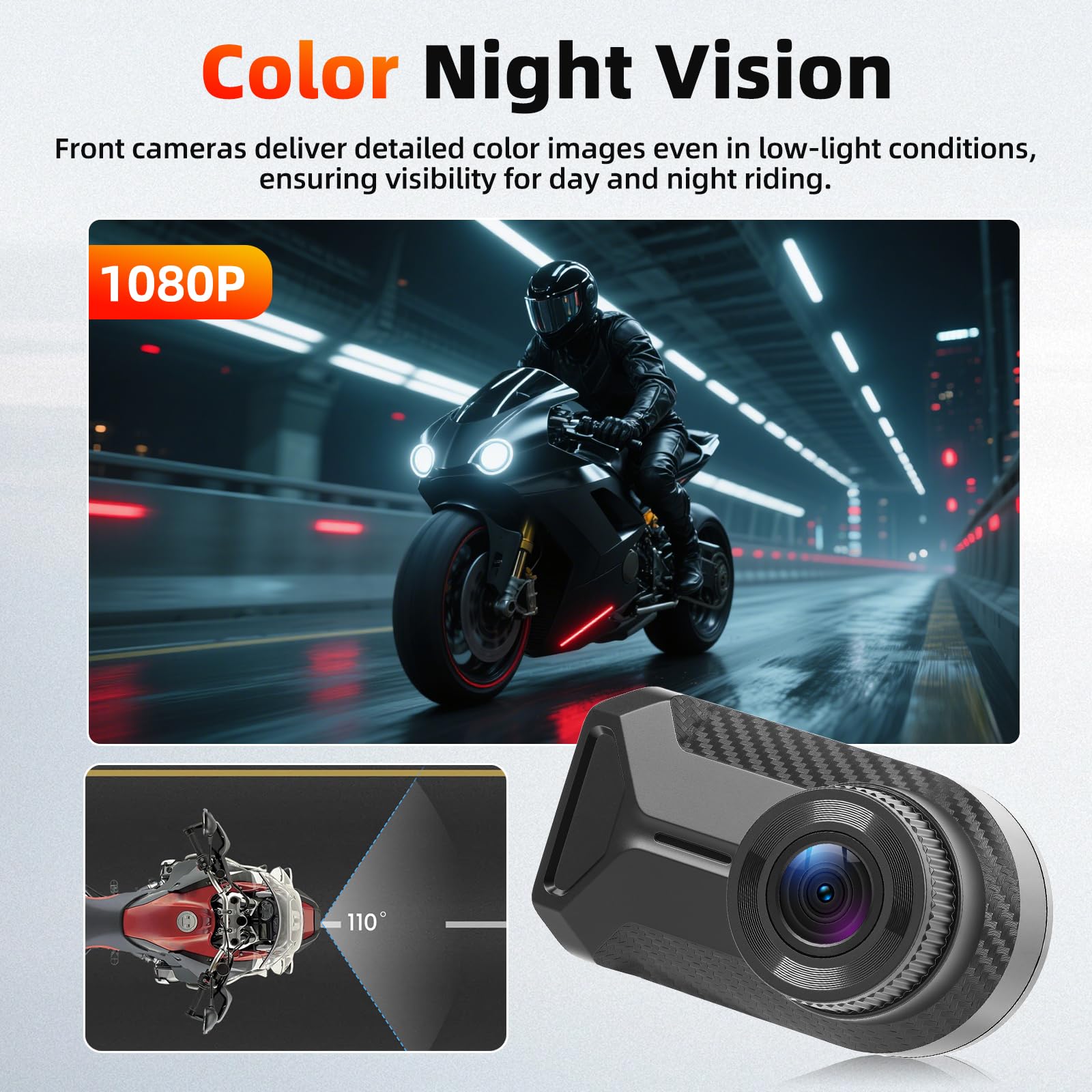 Motorrad-Dashcam ohne Display, 1080P IP66 wasserdichte Frontkamera mit WiFi App, Loop-Aufnahme, 110° Weitwinkel