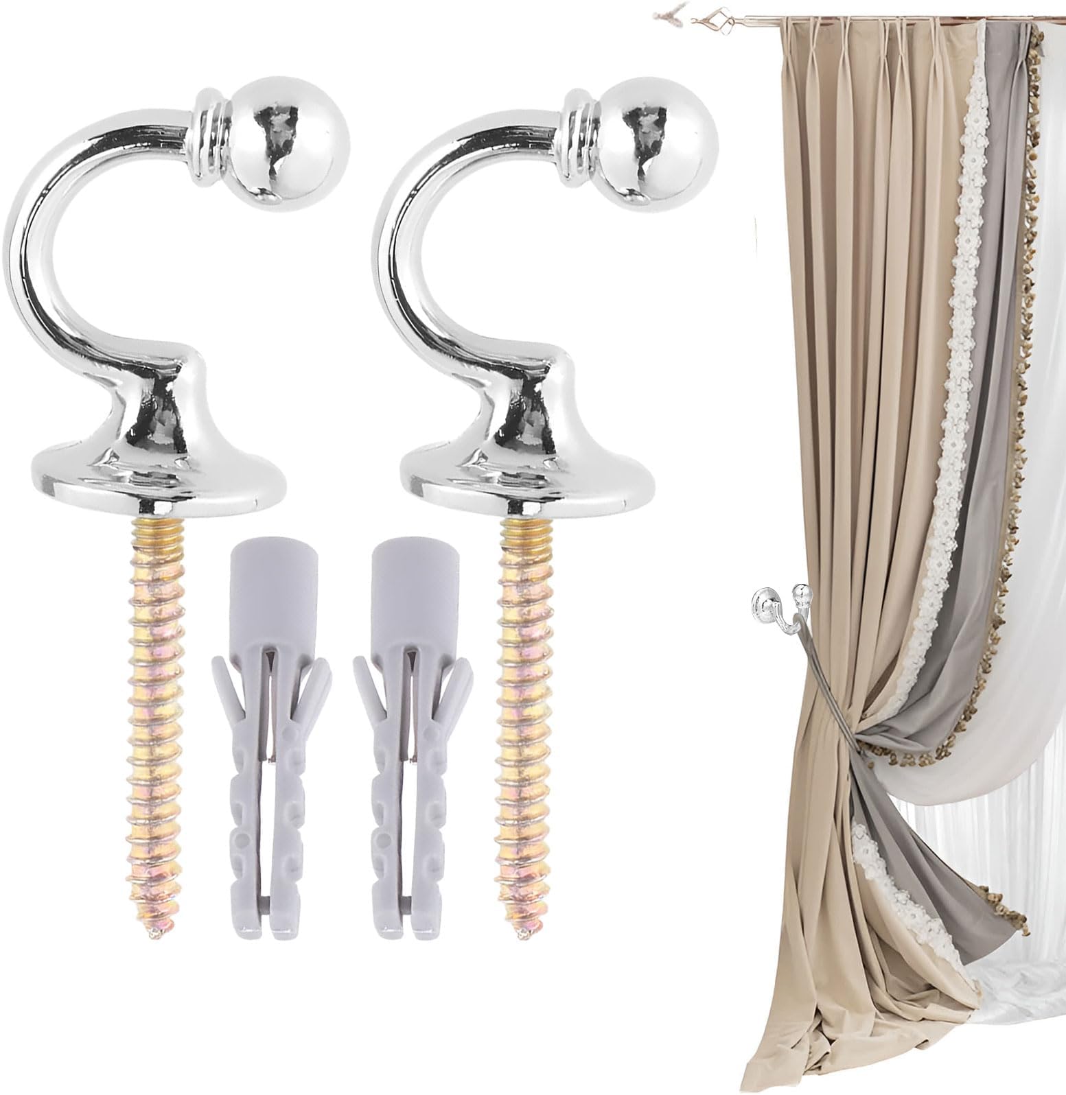 Curtain Tie Backs Hooks, 2PCS Silver Tie Back Hooks for Curtains, Metal Curtain Tie Back Hooks U Shaped Chrome Curtain Tie Backs, Curtain Accessories Tie Back Hooks for Coat Hanger Hook