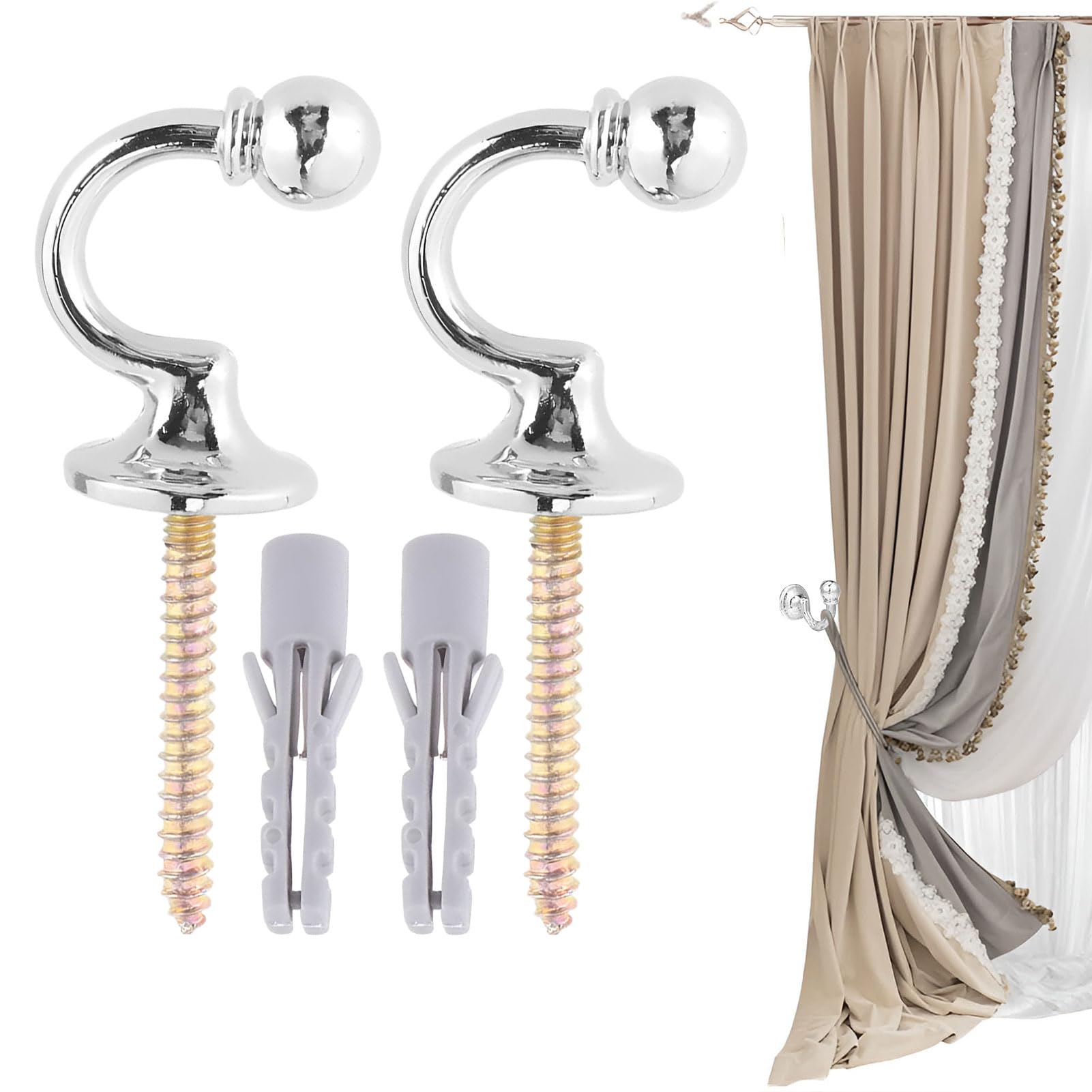 Curtain Tie Backs Hooks, 2PCS Silver Tie Back Hooks for Curtains, Metal Curtain Tie Back Hooks U Shaped Chrome Curtain Tie Backs, Curtain Accessories Tie Back Hooks for Coat Hanger Hook