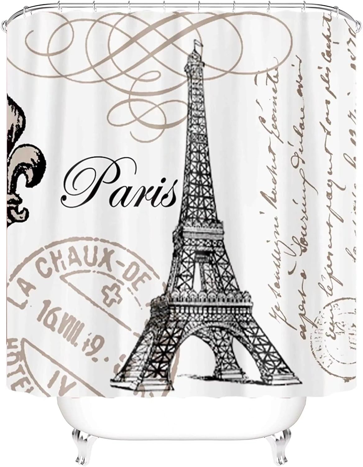 Chrainy 4Pcs Paris Eiffel Tower Shower Curtain Sets Bathroom Set Decor with Non-Slip Rugs Bath U-Shaped Mat Toilet Lid Cover Waterproof Vintage Word Art Bathroom Curtains Shower Set with 12 Hooks
