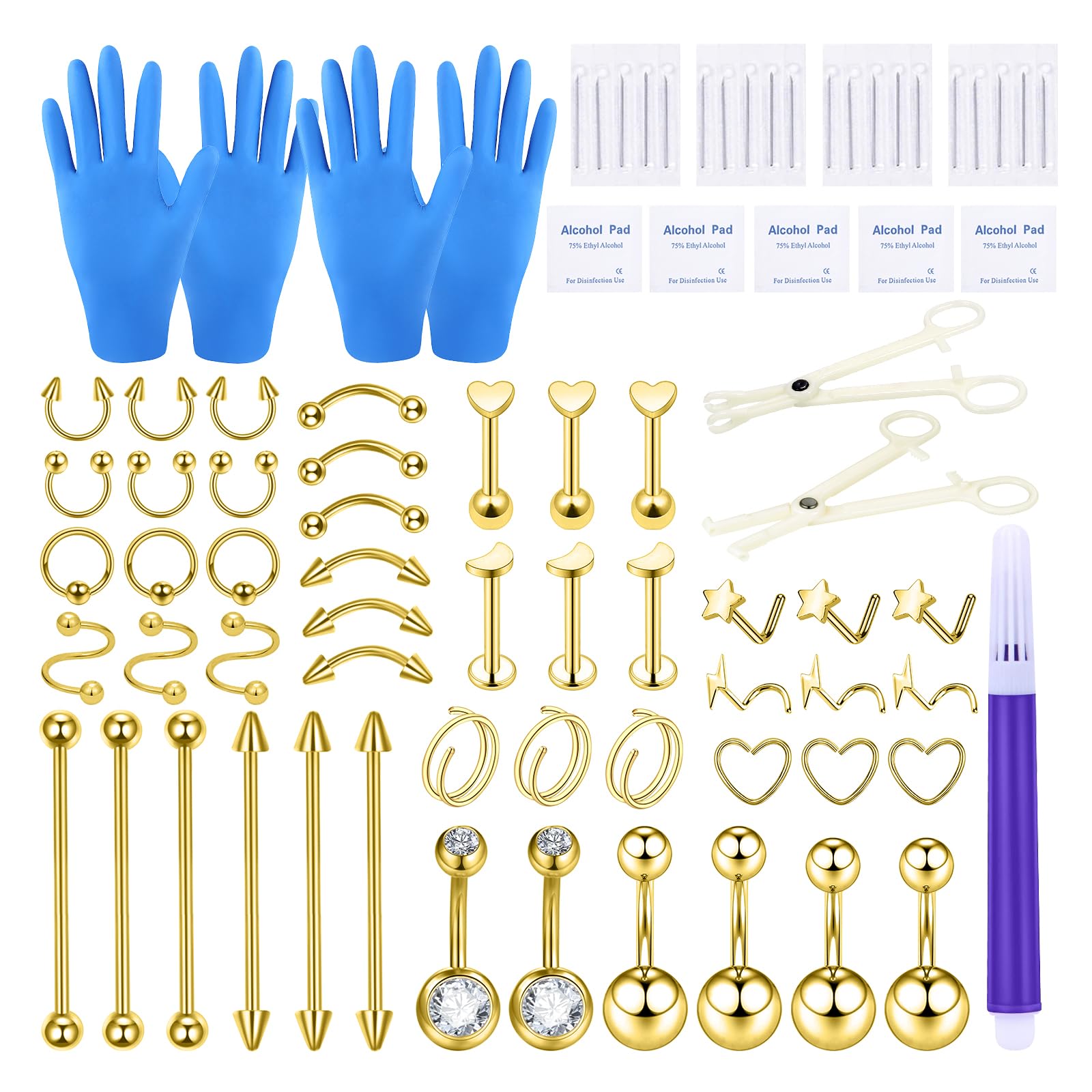 BLZ 80PCS Piercing Kit Stainless Steel Piercing Needle 20G 18G 16G 14G 12G Belly Button Ring Ear Nose Piercing Jewelry with Clamps Gloves Piercing Tools for Body Piercing