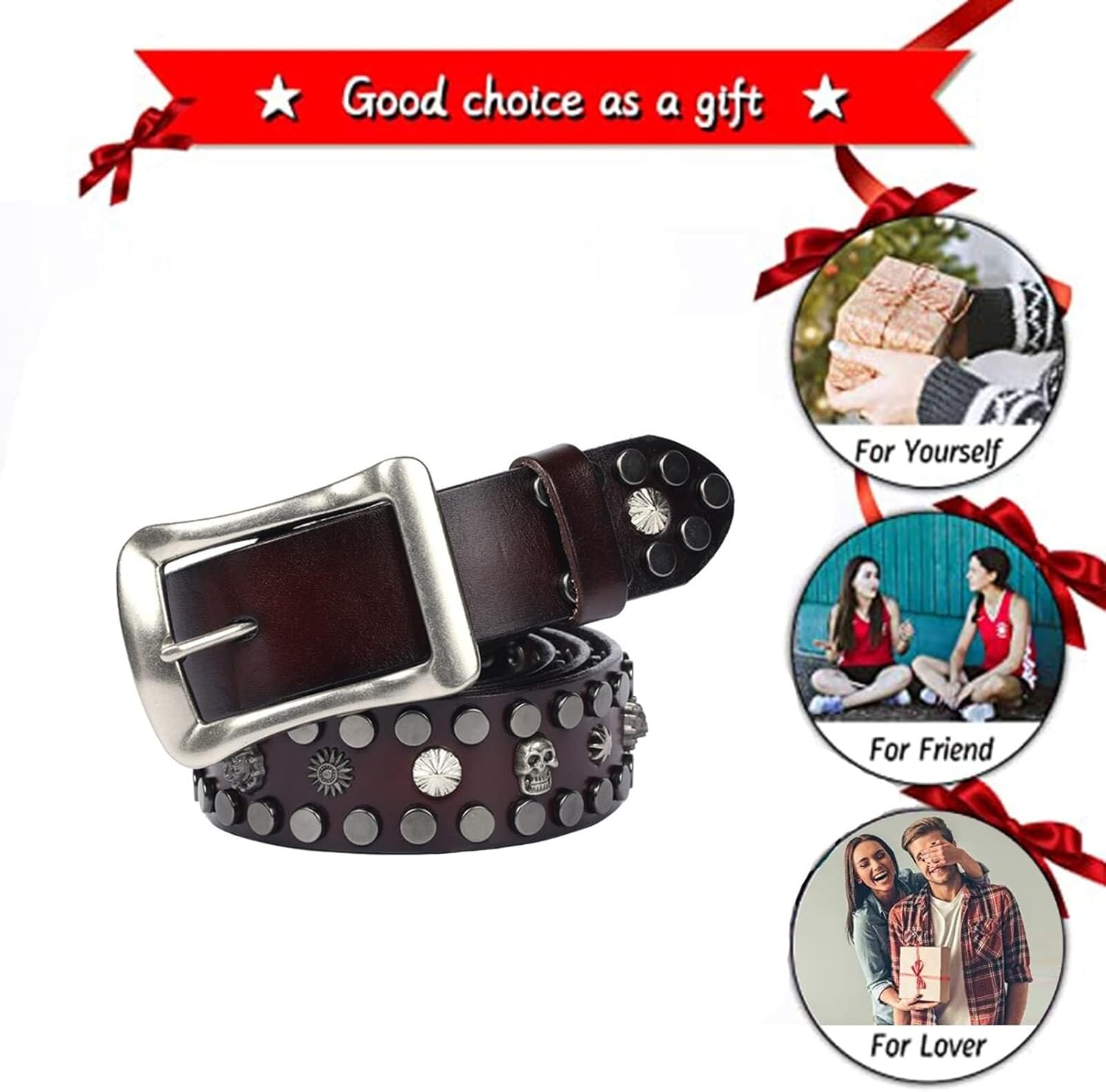 Punk Gothic 3 Row Studded Belt Skull Cross Carved Flower Rivet in Circular Arrangement with Scratch Resistant Buckle