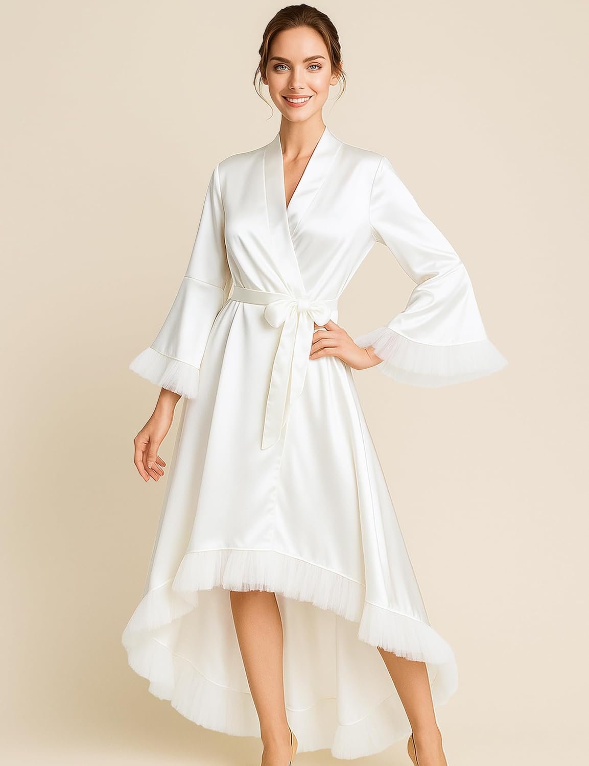 EPLAZA Bride Robe for Wedding Day Bridal Robe Pleated Sleeves Silk Long Robe Getting Ready Outfits Bachelor Party - Image 3