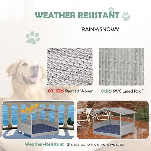 Miniatura 5 de Casa de mimbre para perros al aire libre, cama impermeable de polietileno de alta densidad para perros con toldo, cuna elevada para mascotas, sofá