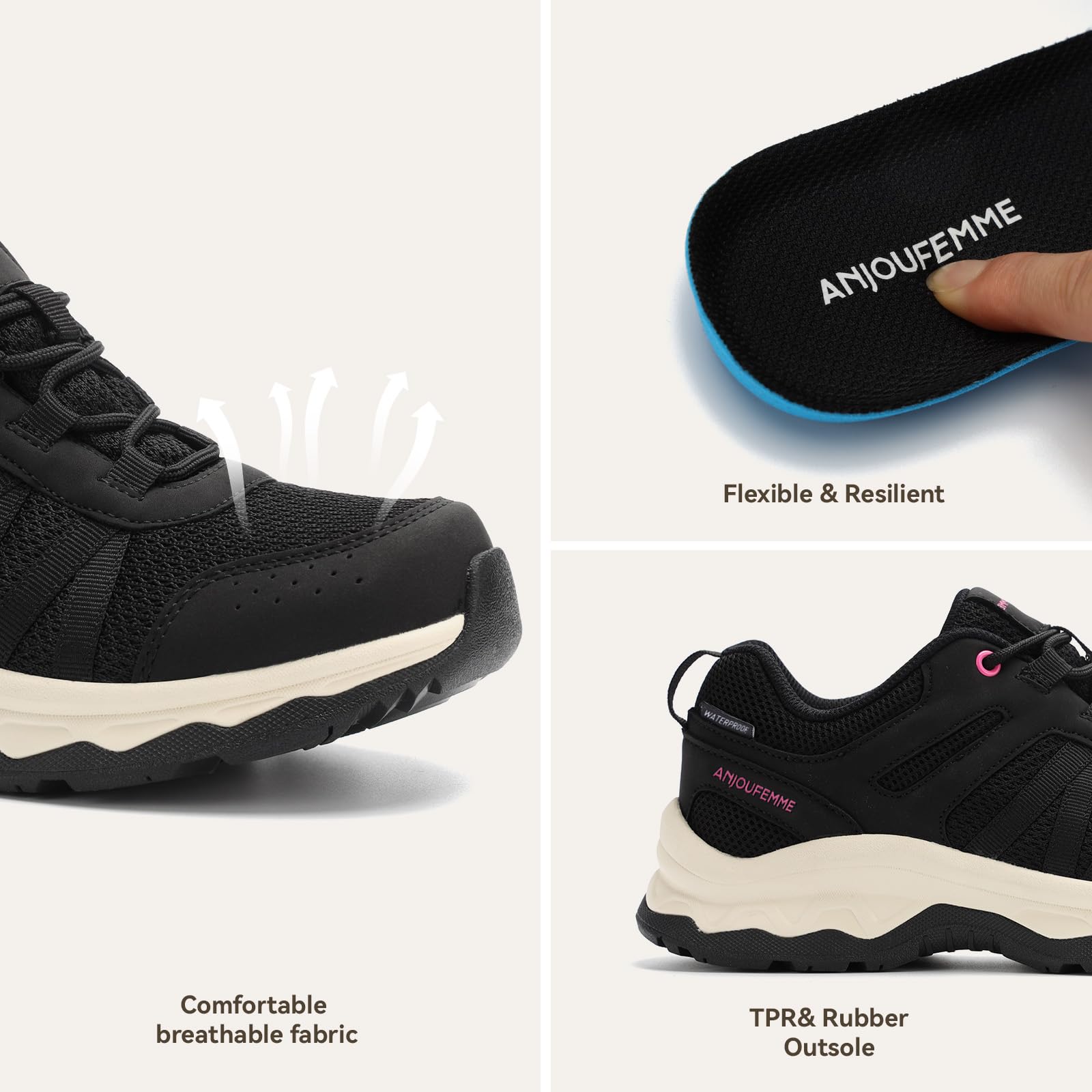 ANJOUFEMME Women's Waterproof Hiking Shoes Non Slip Sneakers Lightweight Tennis Shoes for Work Walking Running Trekking Trail Shoes DSX03W-FN-US-BLACK-9