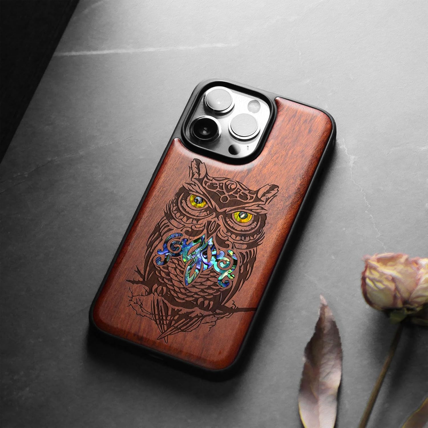 Carveit Designer Wooden Protective Case for iPhone 13 Pro Magnetic Cover [Wood Engraving & Shell Inlay] Compatible with 13 Pro MagSafe (an Owl Perched on a Branch-Rosy)