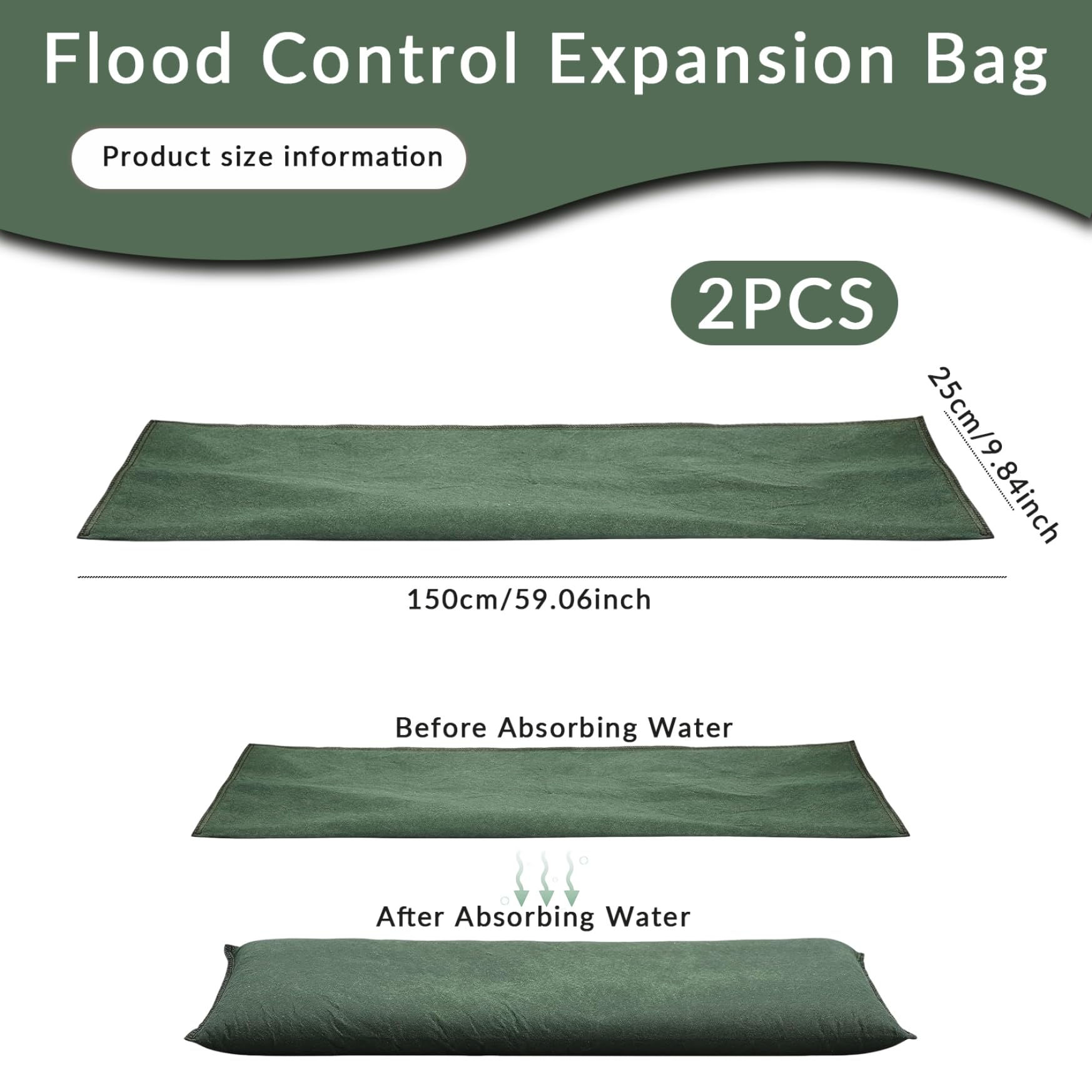 Barrières anti-inondation sans sable 25 x 150 cm, lot de 2, absorption rapide, réutilisables