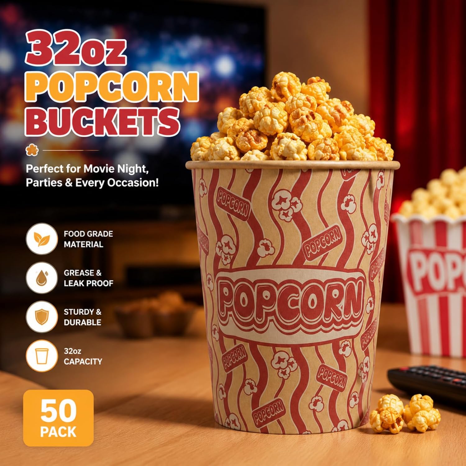 50 Pieces Popcorn Buckets, 32 Oz Grease-proof Kraft Popcorn Cups