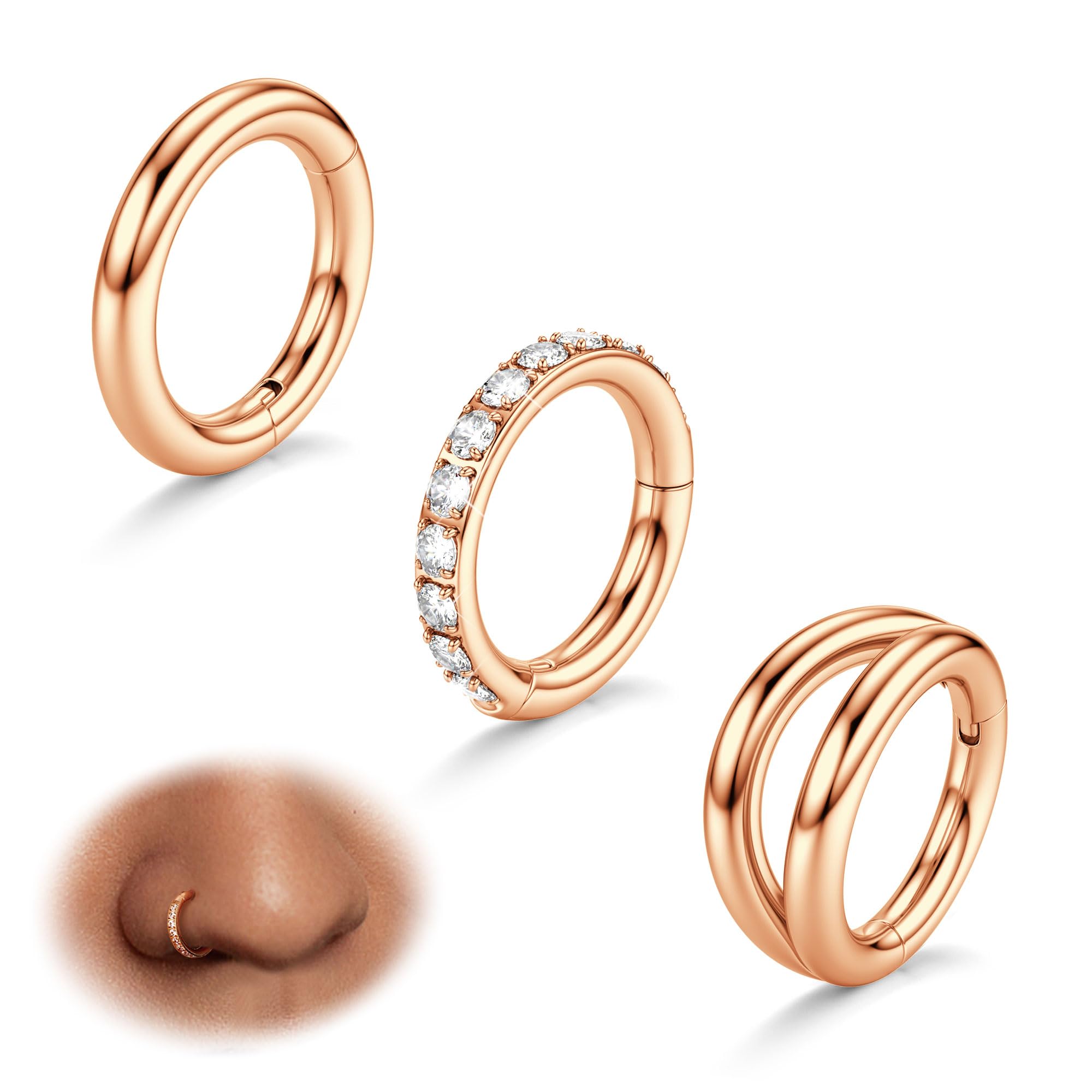 BodyBonita ノーズリングフープ 3個 - 316L サージカルスチール ダブルフープ ノーズリング 14G/16G/18G/20G ヒンジ付き CZ ピアス ジュエリー セプタム クリッカーリング 軟骨イヤリング ヘリックス ルークトラガス ダイス 7mm/8mm/9mm/10mm