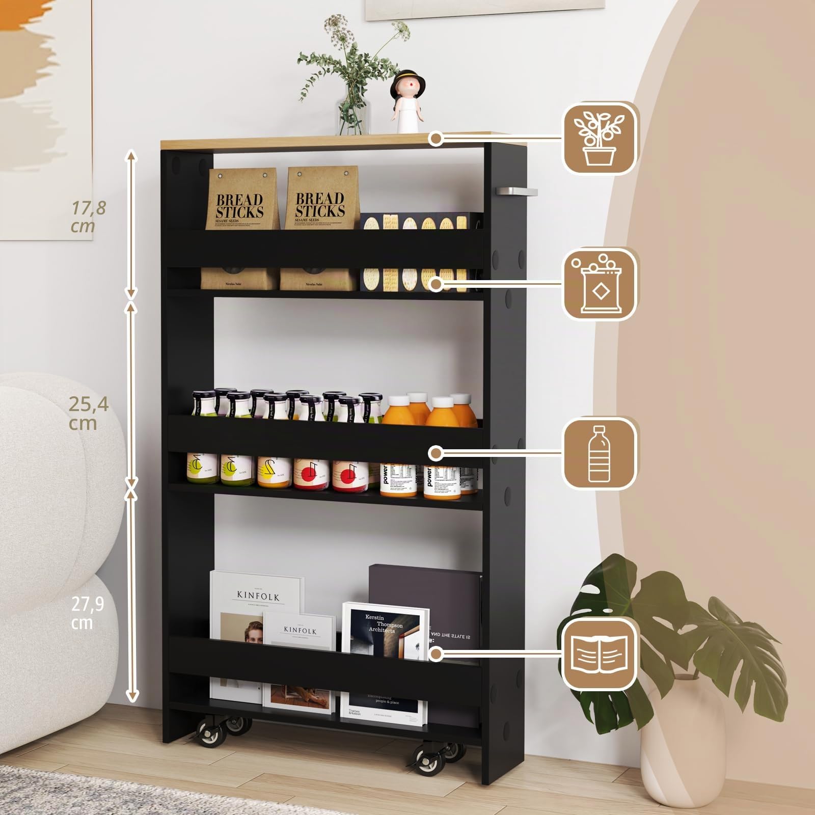 KOMFOTTEU Carro Estrecho de 4 Niveles con Ruedas, Carrito de Cocina con Asa, Carrito para Ahorrar Espacio para BAÑO, Dormitorio, Estantería Móvil de Almacenamiento, 47,5 x 20 x 80,5 cm (Negro)