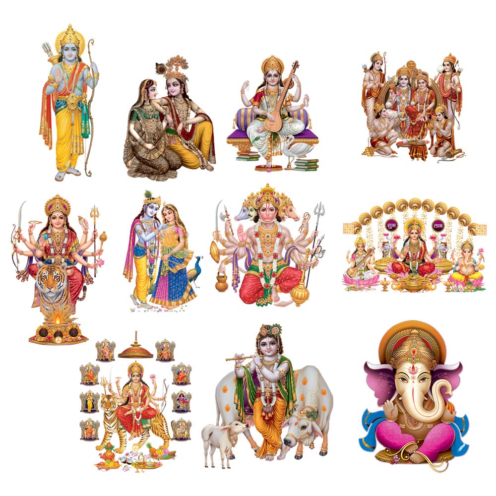 Rangoli God Wall Sticker Set 18.5 x 27 Inch | Hindu Gods Multi Design Vinyl Wall Decal | Ganesh Lakshmi Saraswati Hanuman Krishna Durga Radha Premium for Pooja Room Home Dcor-image-7
