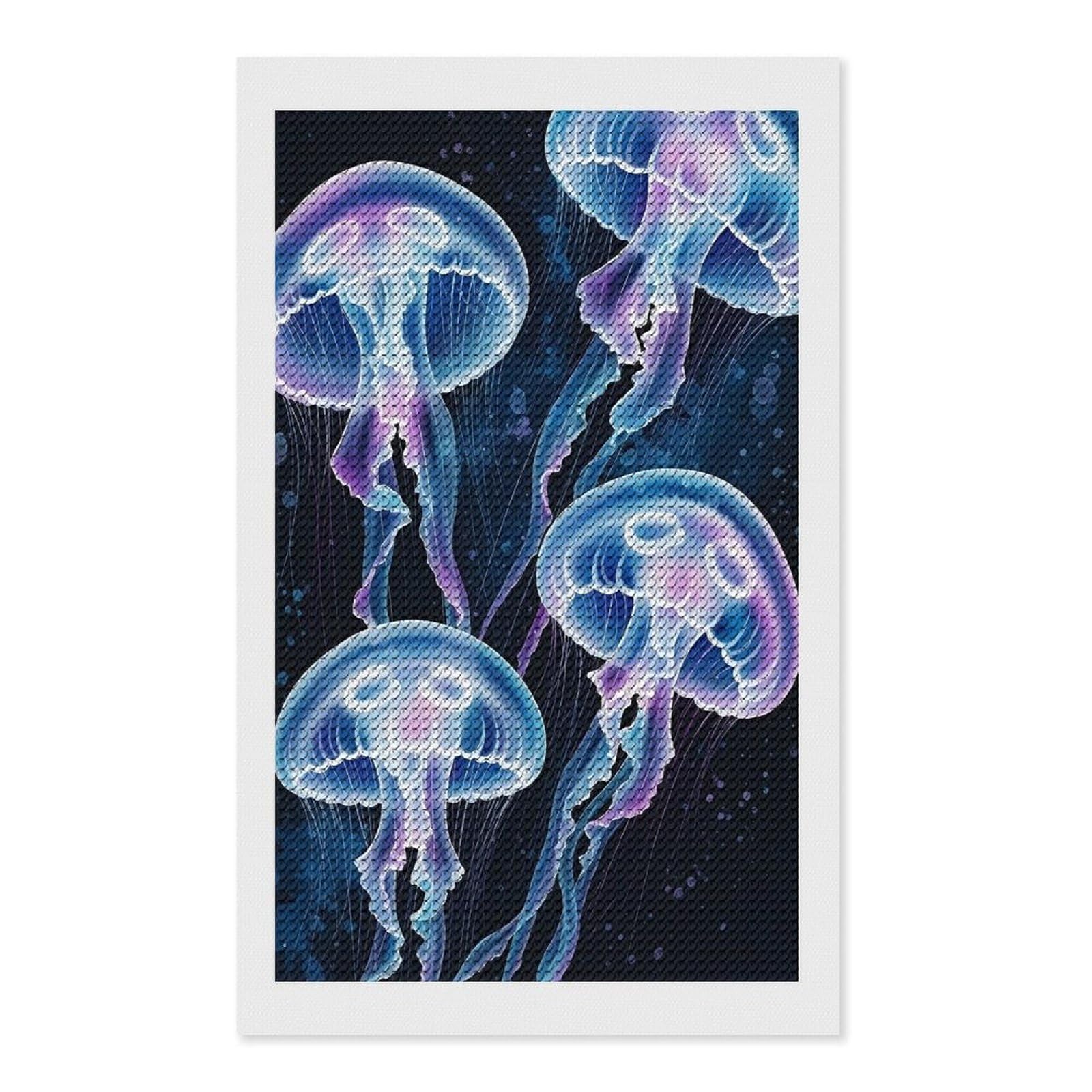 Junmoney Glowing Jellyfish in Deep Blue Water Diamond Art Canvas 12"x20", Decorate Your Room, Mindful Craft Activity, Cosy Home Accent, Thoughtful Handmade Gift