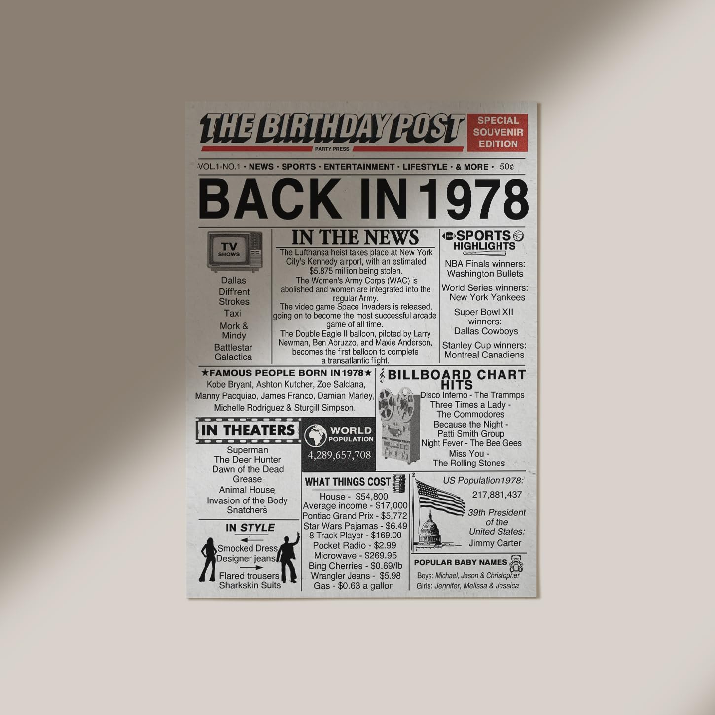 Stuff4 48th Birthday Poster Unframed, Back In 1978 Newspaper image 4