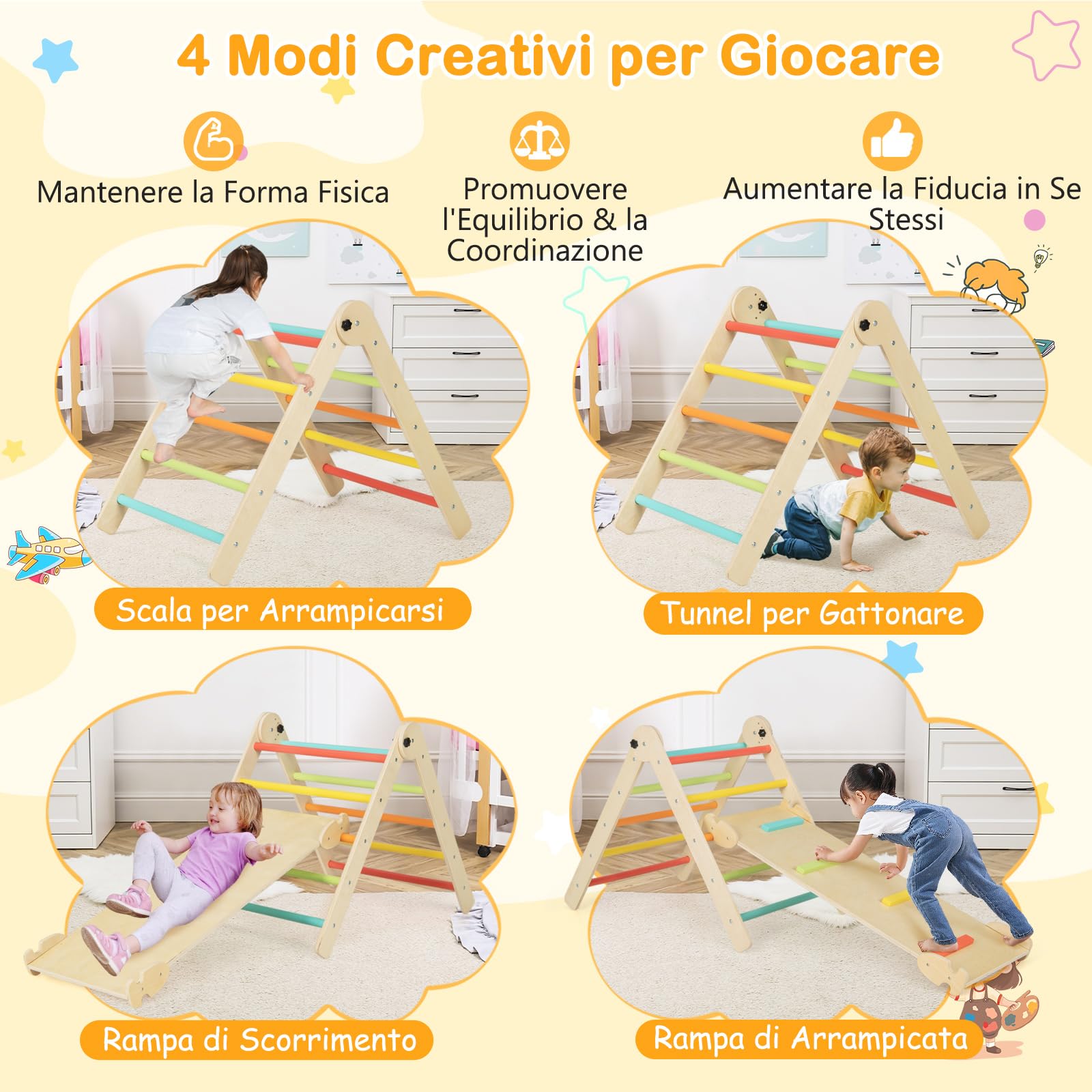 COSTWAY 3 in 1 Set da Arrampicata per Bambini, Giocattoli da Arrampicata Triangolari Pieghevoli, Altezza Regolabili, con Scivolo/Rampe da Arrampicata, Carico 60 kg (Colorato)