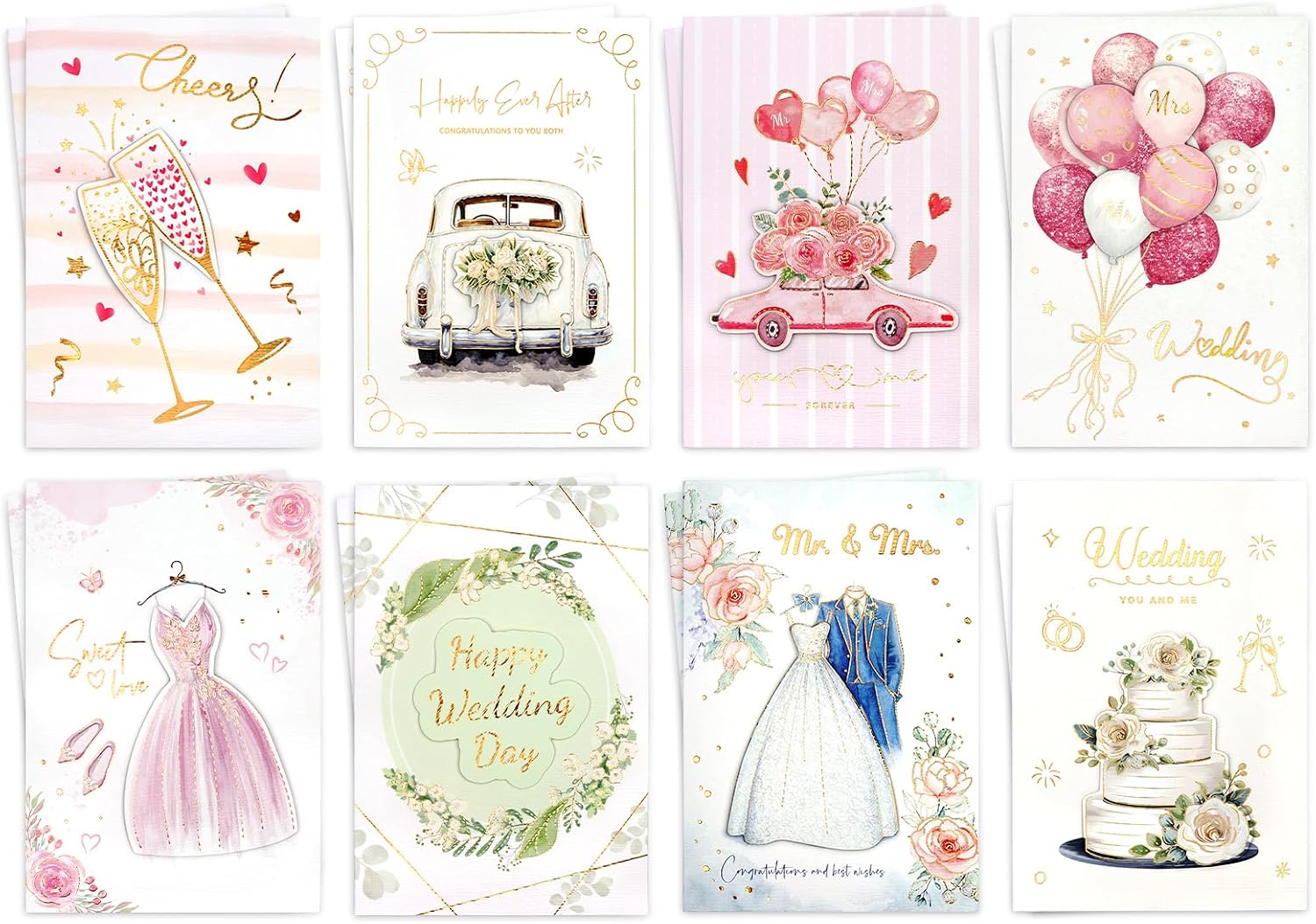 3D Sticker Wedding Cards – 16 Pack with White Envelopes – 8 Designs