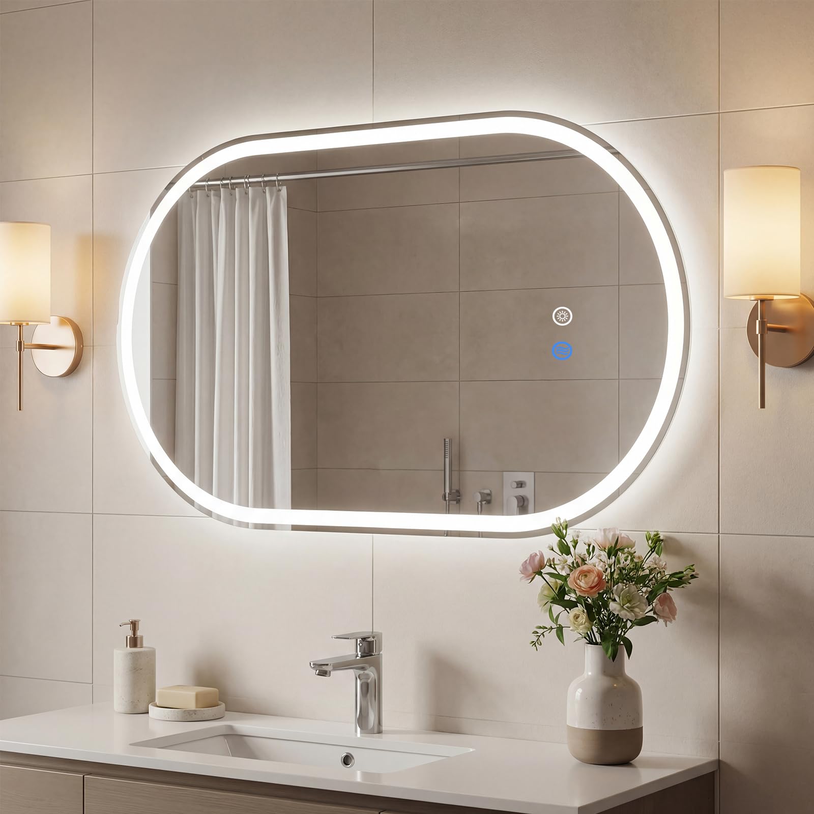 COSTWAY Espejo de Baño Iluminado con LED, Espejo Ovalado sin Marco Resistente a Roturas, Temperatura de Color Regulable en 3 Modos, con Interruptor Táctil, Función Antivaho (80 x 50 cm)