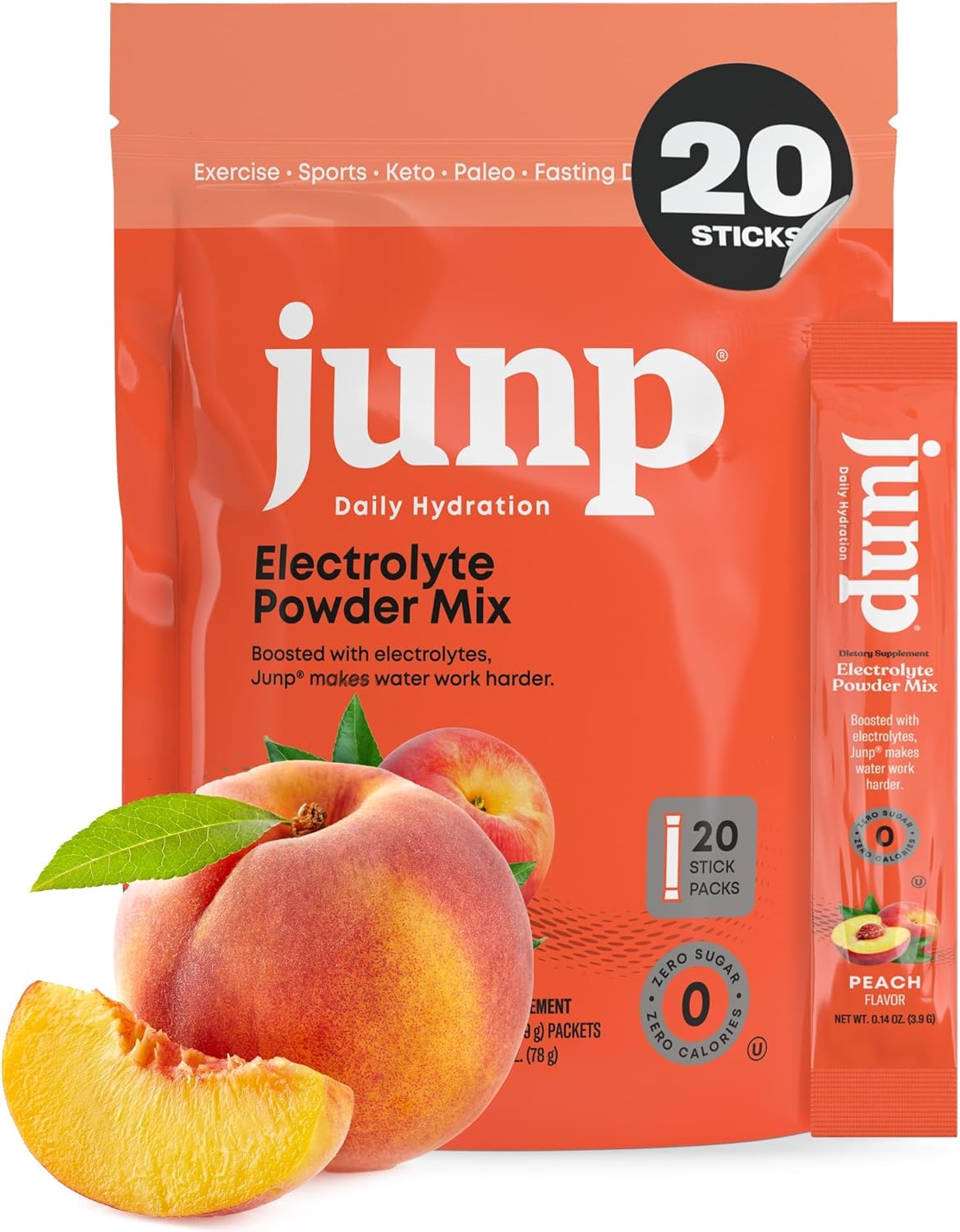JUNP Sugar Free Electrolytes Powder Packets for Water Instant Hydration Packets with Salt & Potassium, Zero Calorie, No Carbs No Sugar Electrolyte Drink Mix Sticks, Keto Friendly, Juicy Peach 20 Pack
