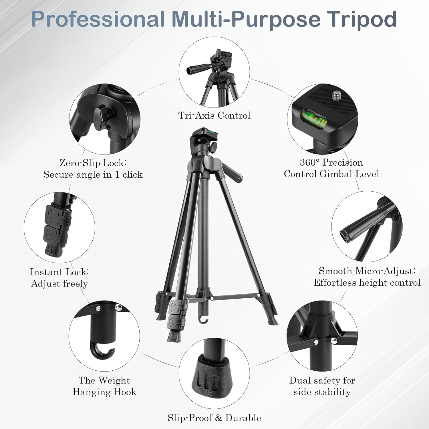 Professional Grade Aluminum Tripod - 4-Section Telescopic (Max Height 60"/5ft, Load Capacity 6.6lbs) Compact Travel Tripod with Carry Bag