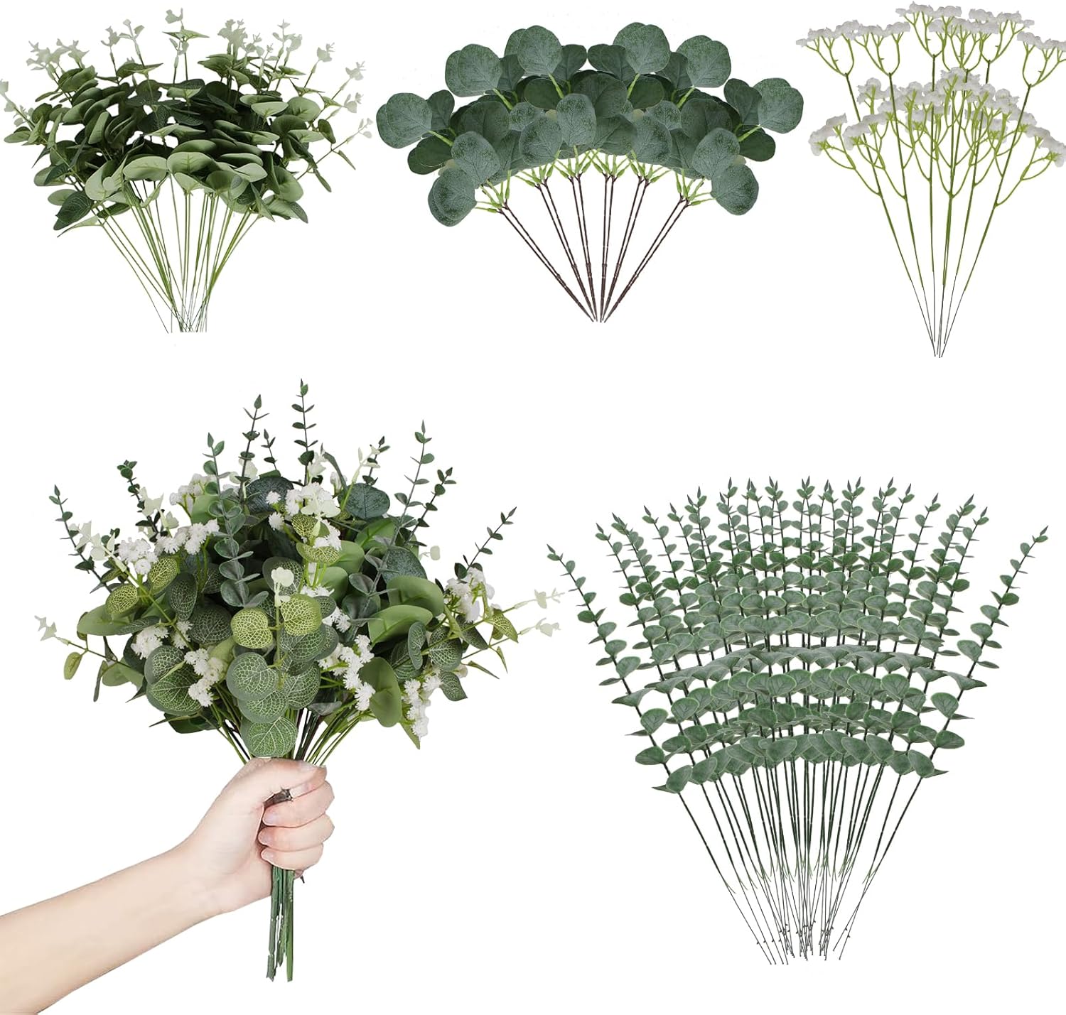 Coreland Artificial Eucalyptus Leaves Stems 120 Pcs 4 Kinds Mixed Fake Silver Dollar Eucalyptus Leaves Stem with Babysbreath Bulk Faux Leaf for DIY Bouquets Floral Arrangement Wedding Home Decor
