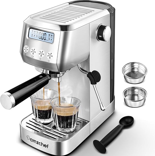 AMZCHEF Ekspres do kawy z sitkiem 2 w 1 ze spieniaczem do mleka | profesjonalny ekspres do kawy 20 barów do espresso do domu | zdejmowany zbiornik na wodę 1,3 l | wyświetlacz LCD