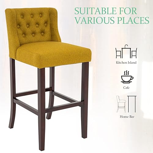 Miniatura 7 de Brage Living Taburete de bar de 30 pulgadas, taburete de bar de tela de lino con botones y patas de madera maciza, silla de bar tapizada sin brazos