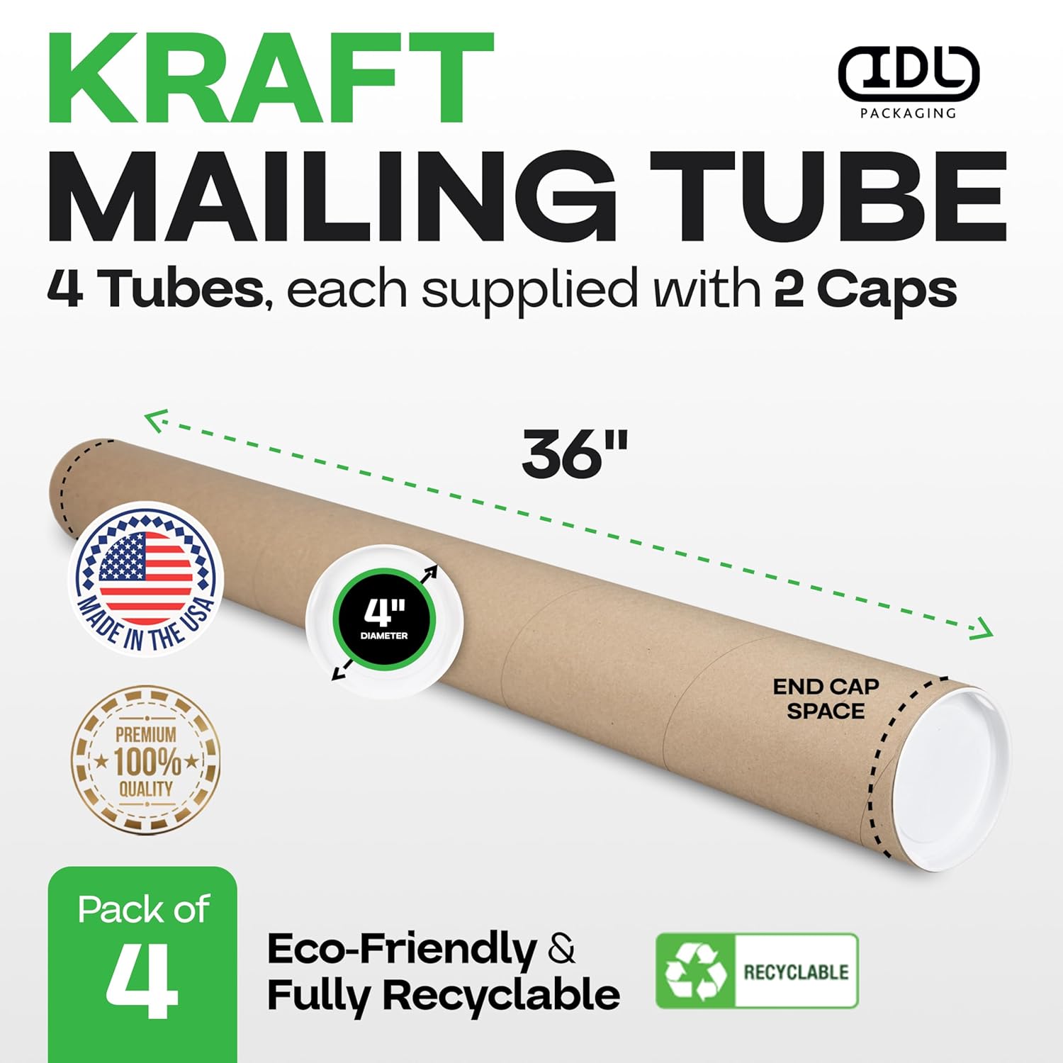 (2 Only) Cardboard Mailing Tubes, 4\" x 36\" with Plastic Caps, Pack of 4 - USA-Made USPS Approved Poster Tube for Documents & Blueprints - Reinforced Mailing Cylinders for Shipping & Storage by IDL Packaging Brown, 4\" x 36\" Pack of 4