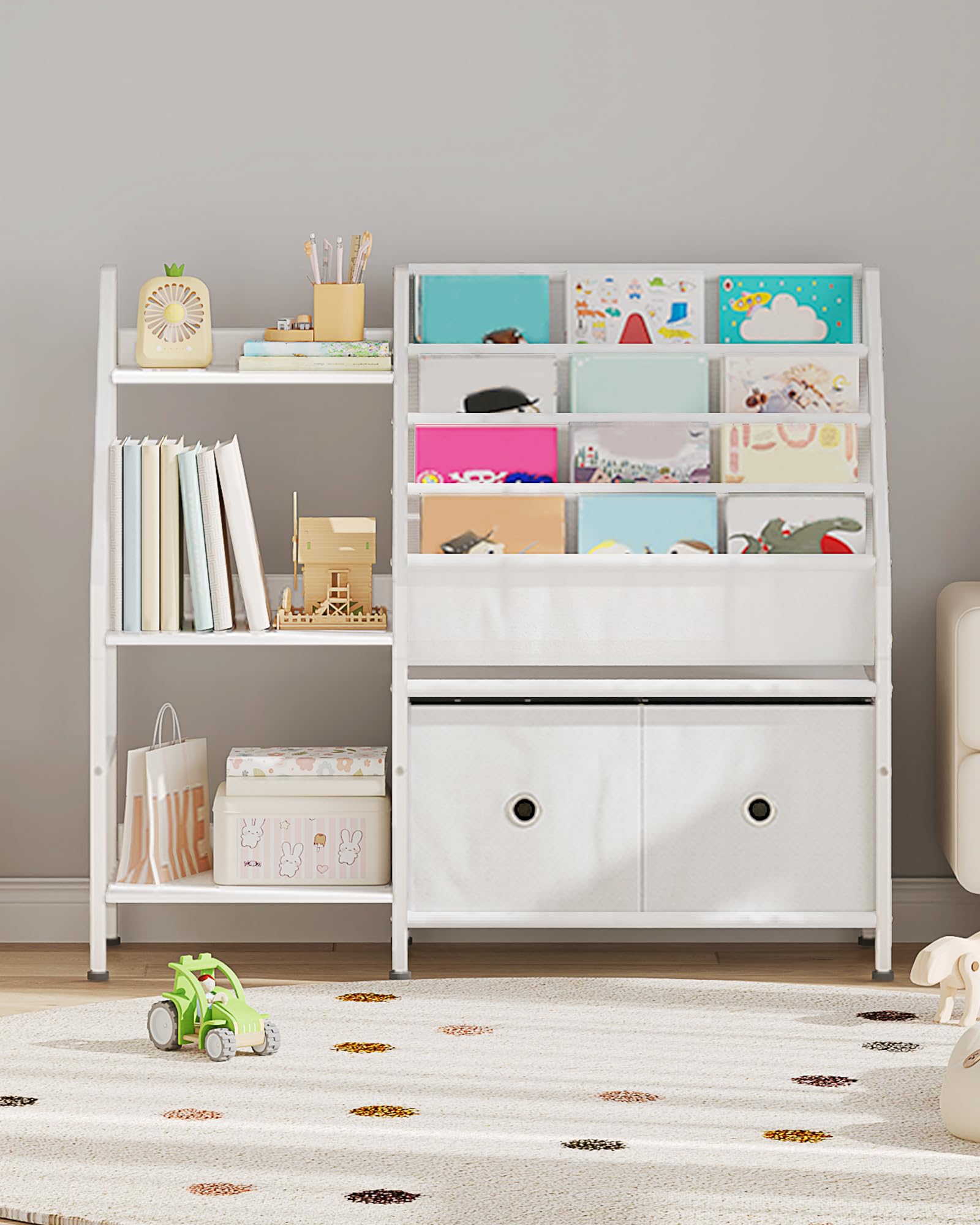 CHOEZON Estantería para niños de 39.4 pulgadas, estantería de 4 niveles para habitación de los niños, estante de libros para niños con estante de almacenamiento de juguetes de 3 niveles y 2 cajones