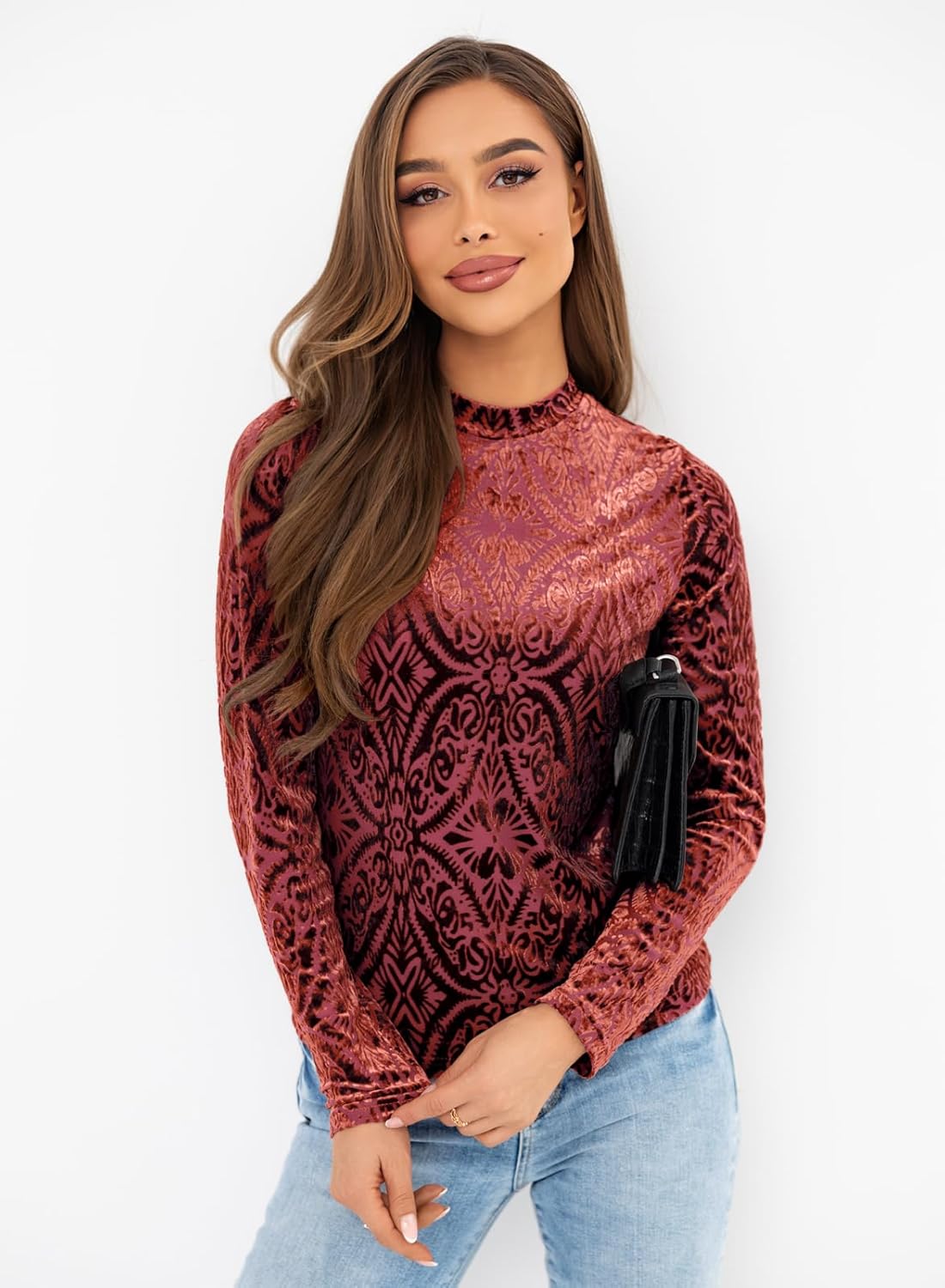 miduo Womens Velvet Burnout Top Crew Neck Long Sleeve Slim Fit Shirt Blouses Tops - Image 4