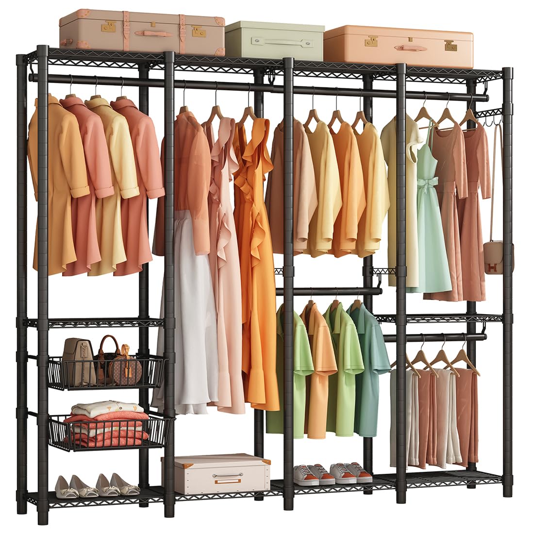 Wire Garment Rack Heavy Duty Clothes Rack Multi-Functional Closet Wardrobe with 2 Sliding Storage Baskets, Freestanding Clothing Rack Large Closet Rack, 75.5" L x 17.7" W x 75.2" H (Black)