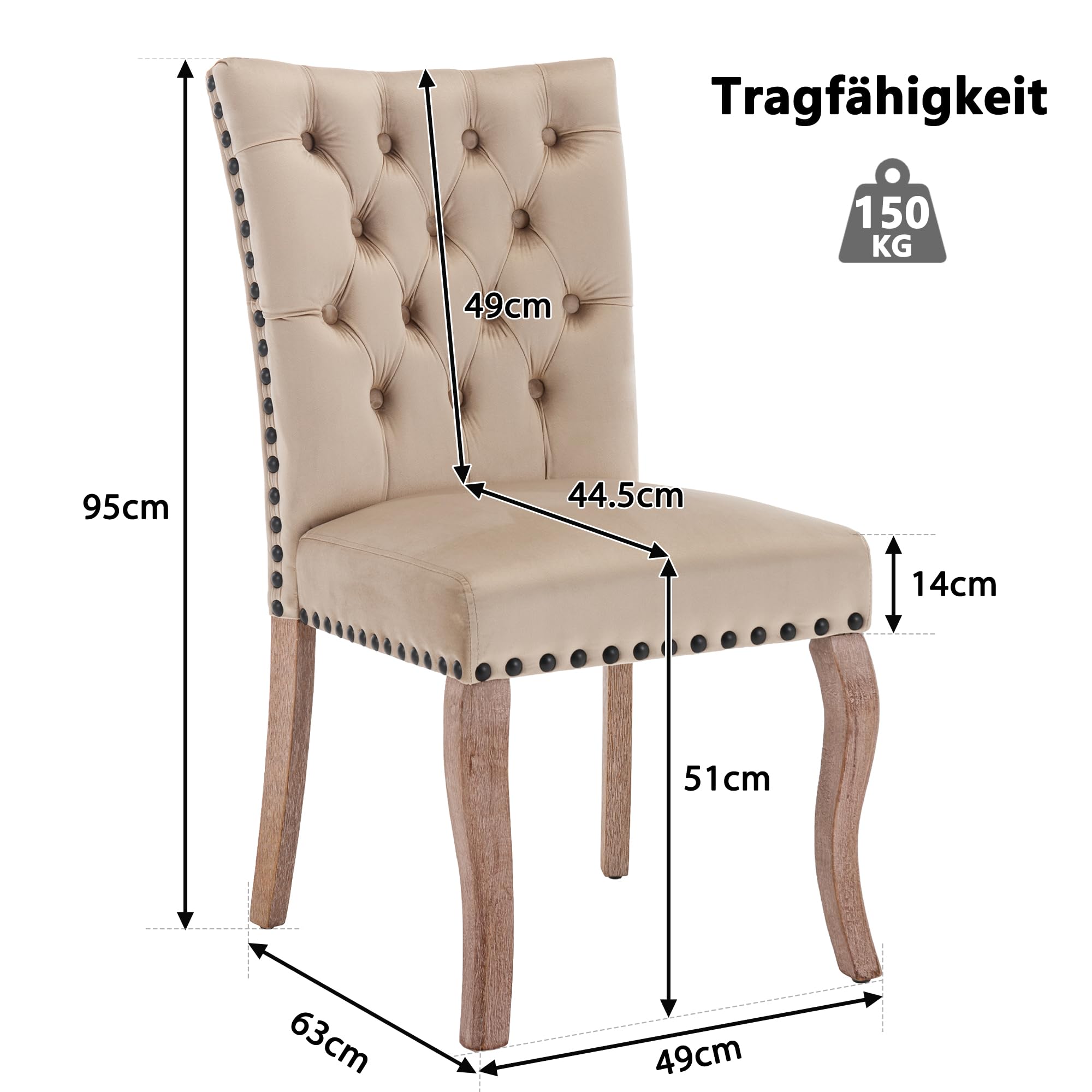Sedia da pranzo (sedia da cucina, soggiorno con battente unico sul retro), sedia imbottita con testa di chiodo, gambe in legno massiccio, rivestimento in velluto, cammello chiaro, 6 pezzi
