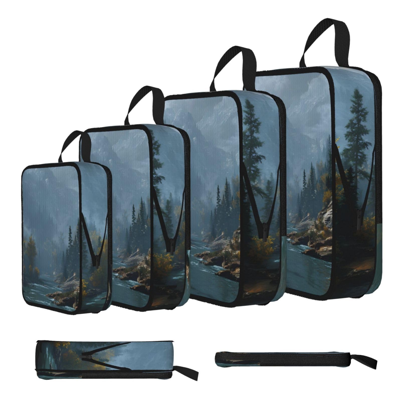 River Print 4 Set Compression Packing Cubes For Suitcases,Expandable Storage Bags Organizers