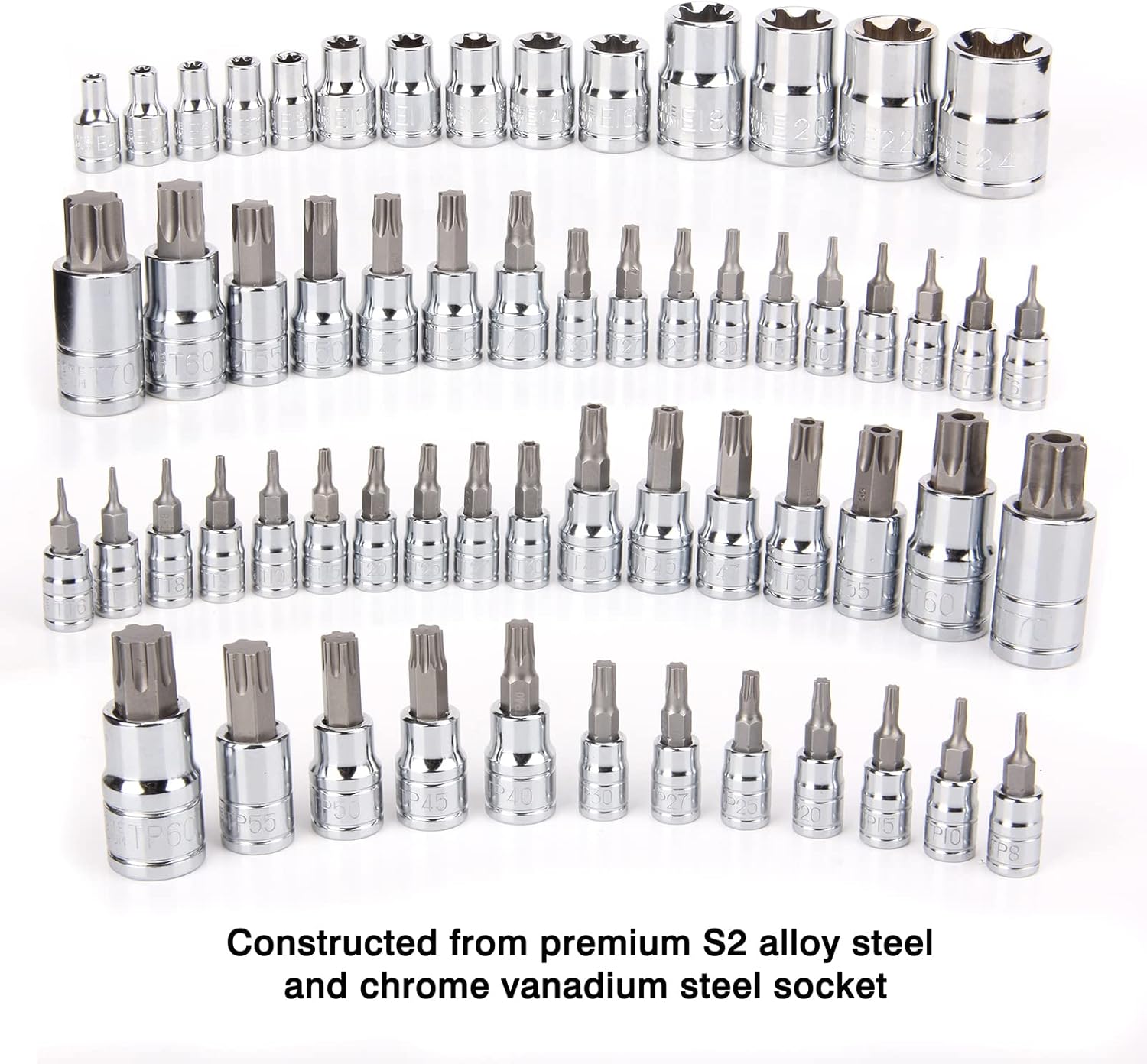CASOMAN Master Torx Bit Socket and External Torx Socket Set, 60-Piece Set, S2 and Cr-V Steel，E4-E24, T6-T70,TT6-TT70,TP8-TP60