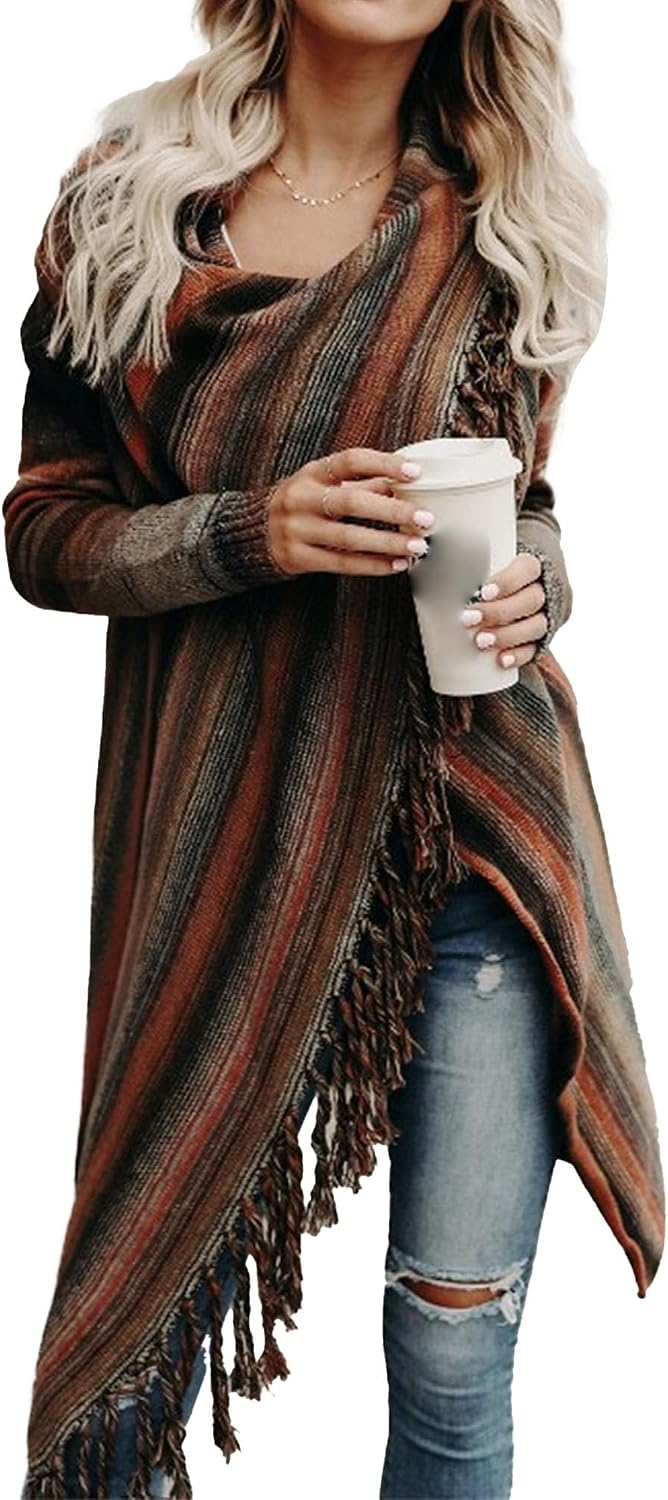 DGHM-JLMY Women's Fringed Loose Sweater Coat Open Front Tassel Cardigan Sweater Poncho Fringe Wrap Front Knit Coat