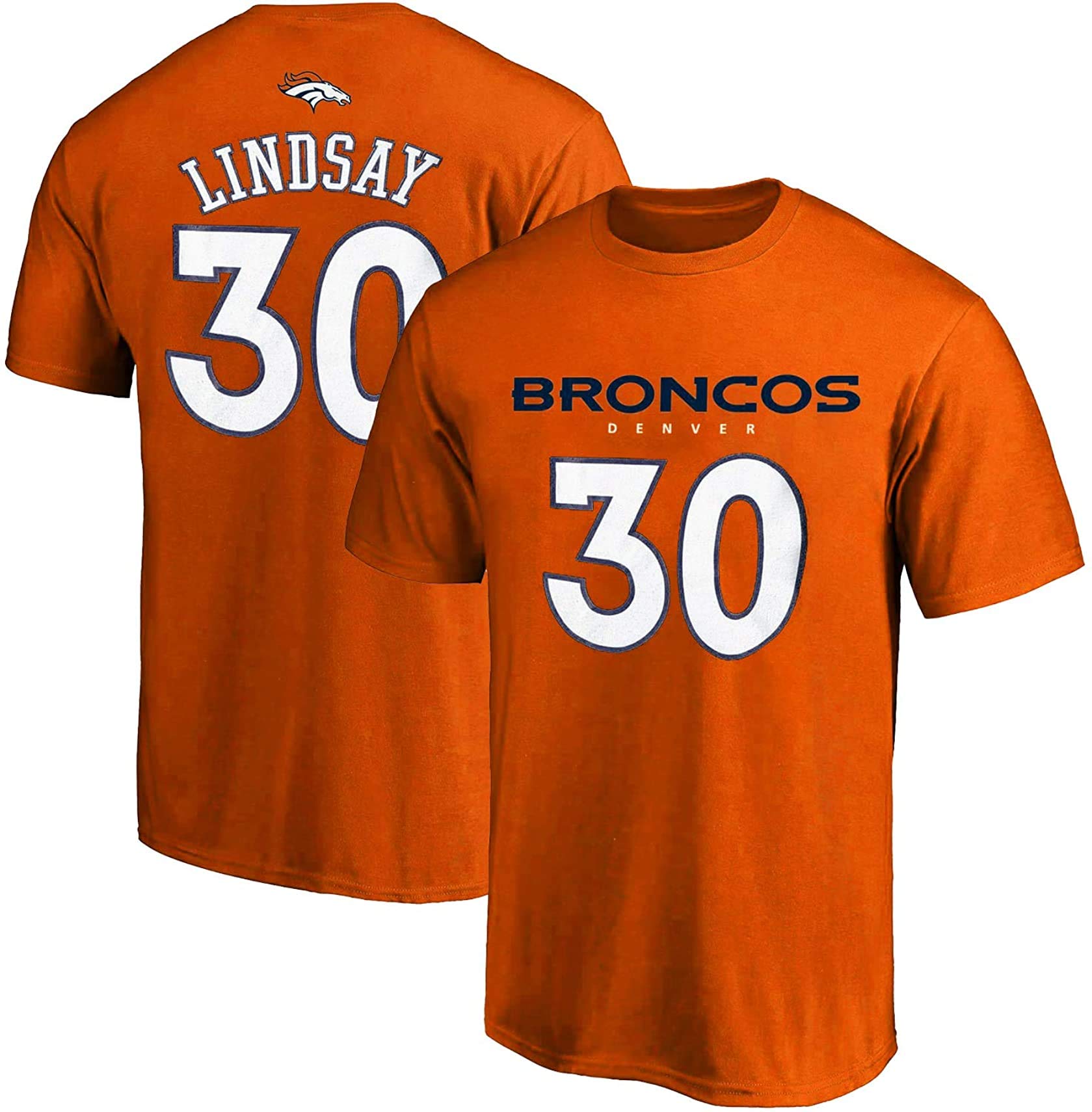 NFL Youth 8-20 Team Color Traded/Retired Polyester Performance Mainliner Player Name and Number Jersey T-Shirt (Medium 10/12, Phillip Lindsay Denver Broncos Orange Home)