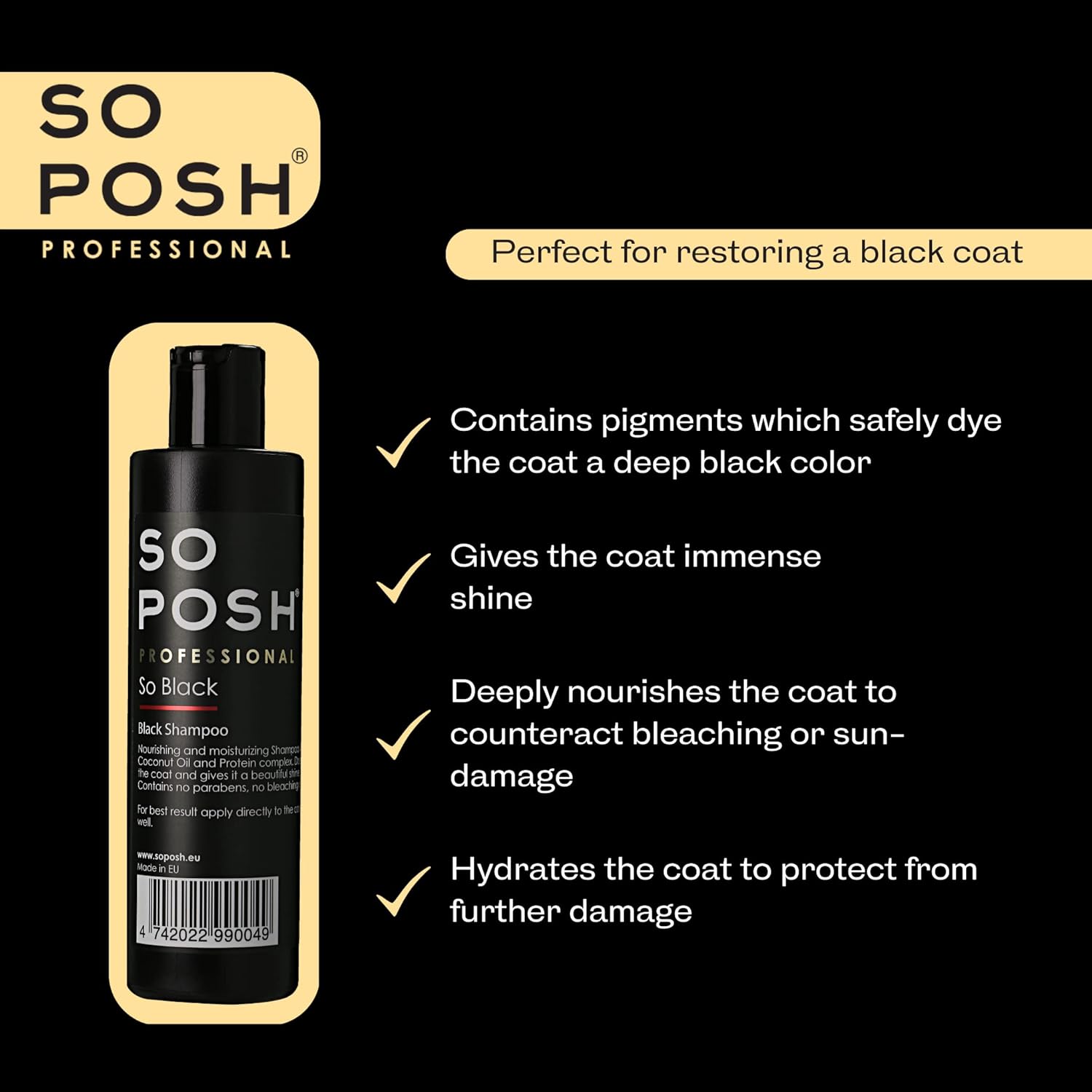 So Posh So Black Dog Color Depositing Shampoo - Black Pigments & Coconut Oil, Perfect for Restoring & Revitalizing Black Coats, Intense Shine, Moisturizing, Nourishing, Sulfate & Paraben Free.33.8 Oz