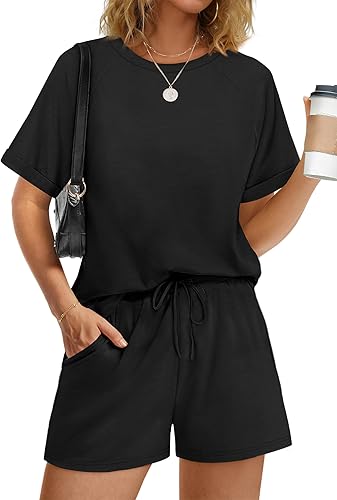 WIHOLL Women's 2 Piece Lounge Sets Short Sleeve T-Shirt and Drawstring Shorts Casual Pajamas Vacation Outfits with Pockets