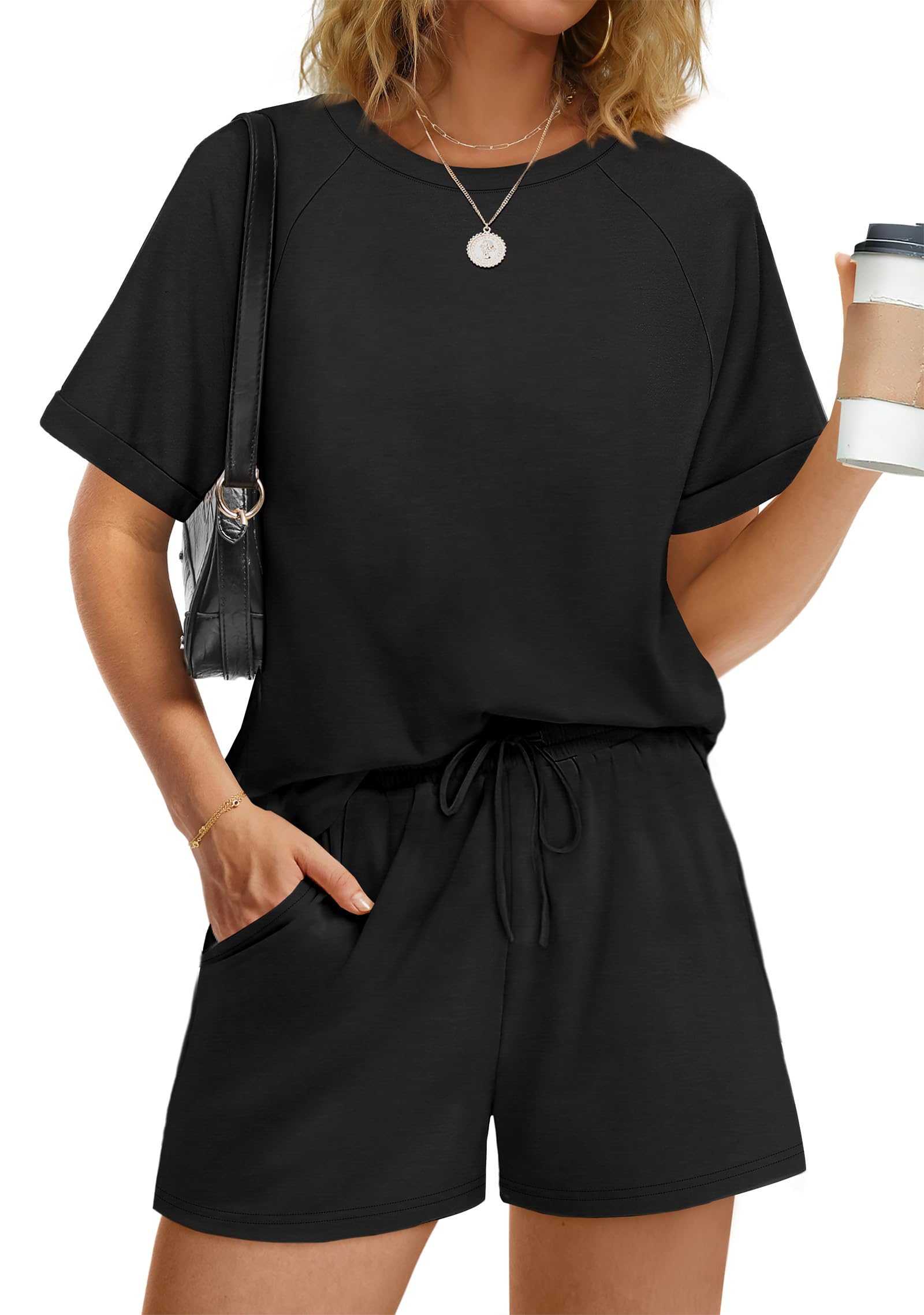 WIHOLL Two Piece Short Sets for Women Casual Summer Outfits Short Sleeve Crew Neck Lounge Matching Set