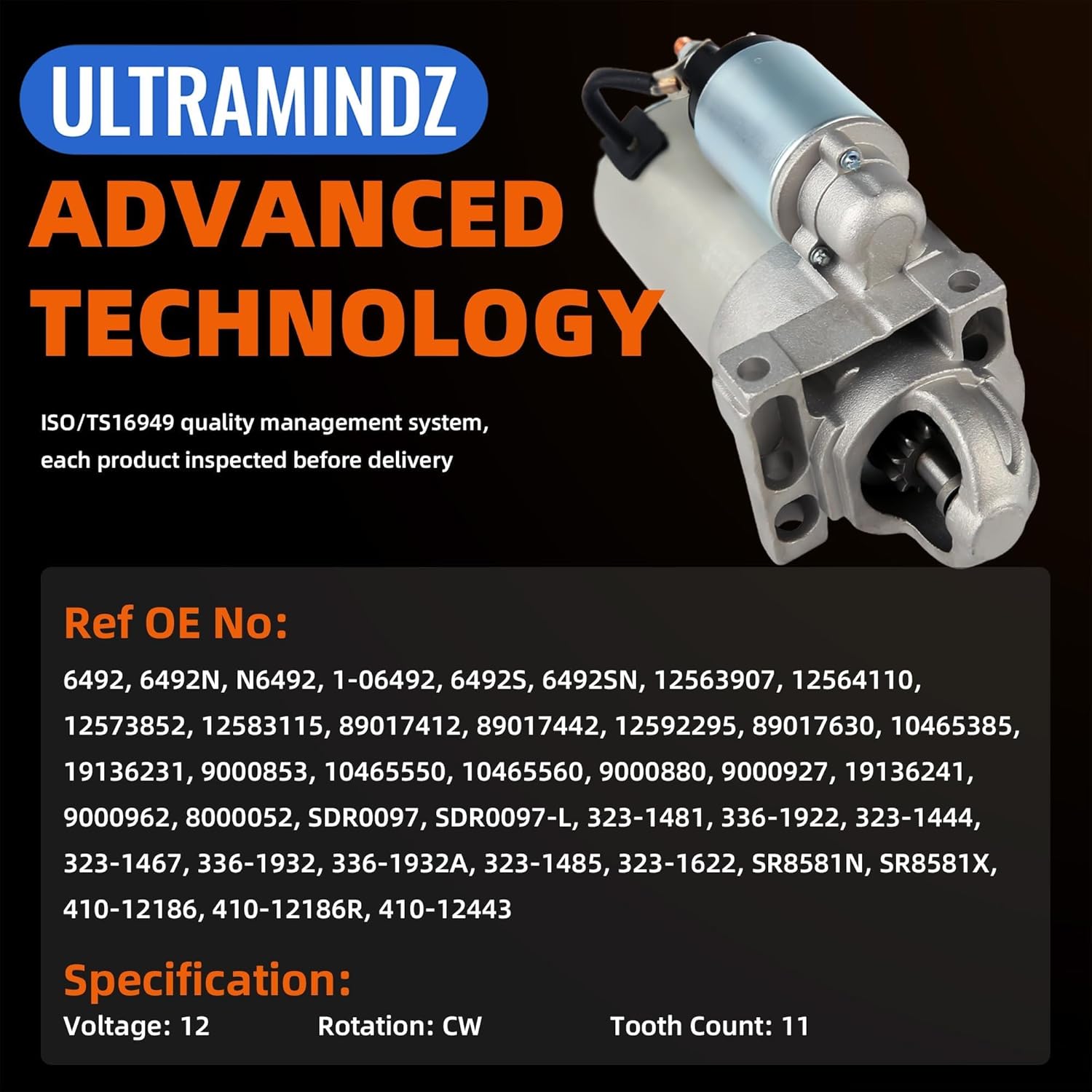 Starter for GMC 6.0L Yukon XL 1500 2500 Sierra 1500 2500 HD 3500 1999-2005 Savana 2500 3500 2003-2005 for Cadillac Escalade ESV EXT 6.0L 2002-2005 for Hummer H2 6.0L 2003-2005 6492N 89017630