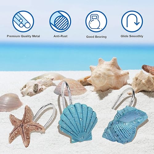 Miniatura 4 de AGPtek 12 ganchos para cortina de ducha con conchas marinas para el hogar y el baño (azul)