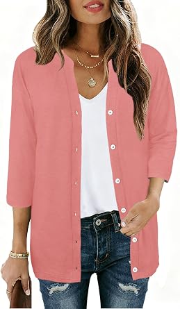 JomeDesign 3/4 Sleeve Womens V Neck Lightweight Cardigan Button Down Shirts Open Front Knit Tops