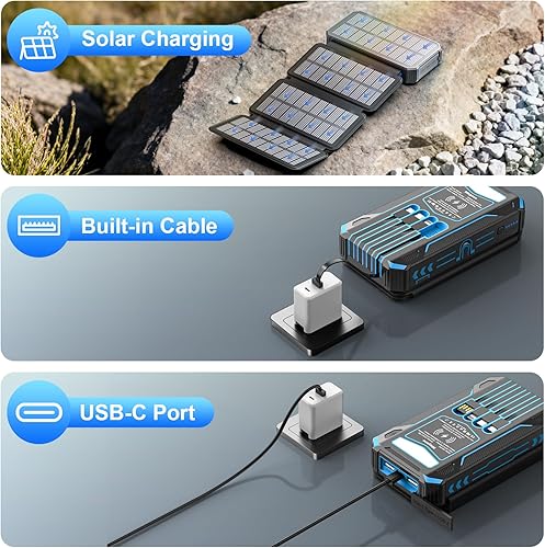 Miniatura 7 de Cargador solar de 49800 mAh con cables integrados, carga rápida QC3.0 de 12 W, cargador de teléfono portátil inalámbrico para iPhone Samsung,