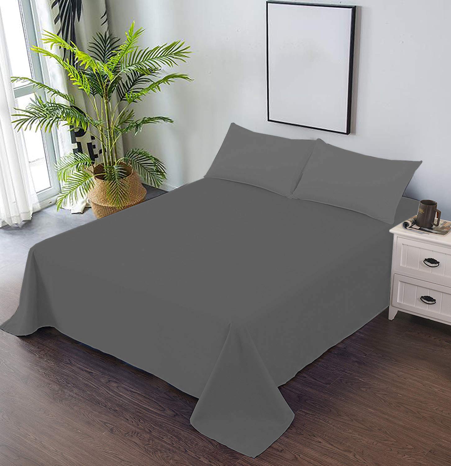 ARLinenHotel Luxury 1800 Brushed Microfiber Bedsheet with 1 Pillow Cover | Bedsheets | Bed Sheet | chadar - Flat Sheet with 1 Takiya Cover - Dark Grey Solid_Single